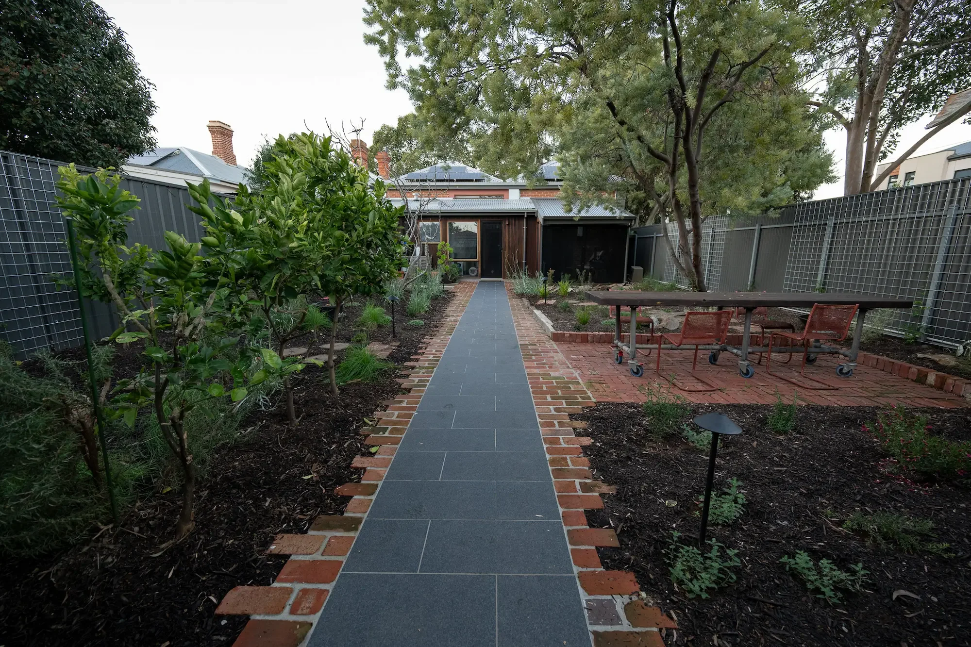 Wide angle view of Thebarton wildlife garden design with native planting