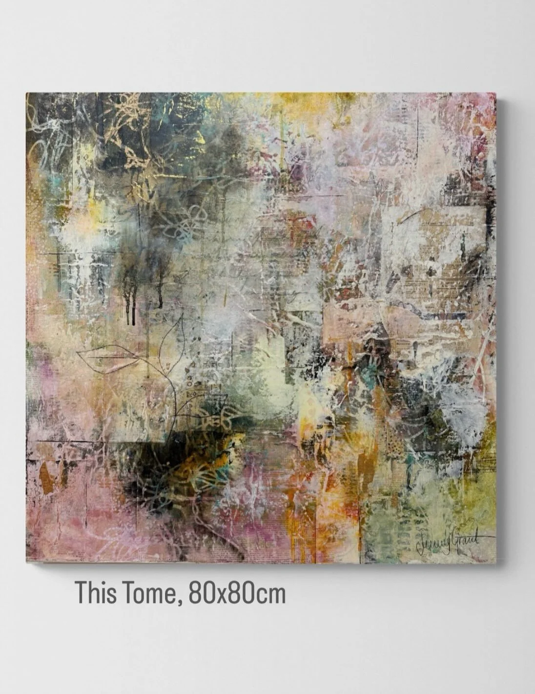 This Time 80x80 cm

Layer by layer this painting came alive.
I started with old papers and grungy details. Then I added more paint, covering parts, scratching into others, allowing light and dark to speak to each other. Some marks were bold and certa