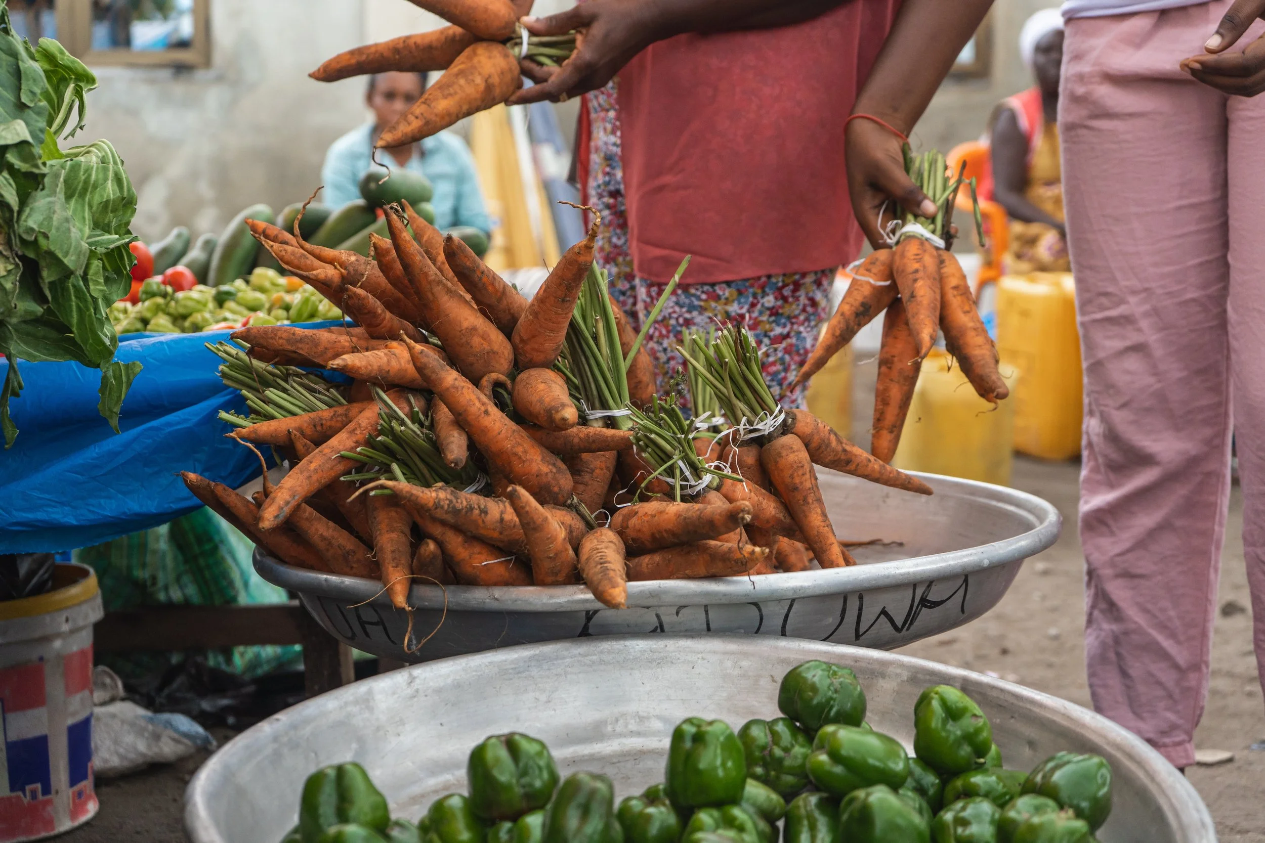People at a market selling fresh vegetables including carrots, green bell peppers, and other produce, with a person holding a handful of carrots.