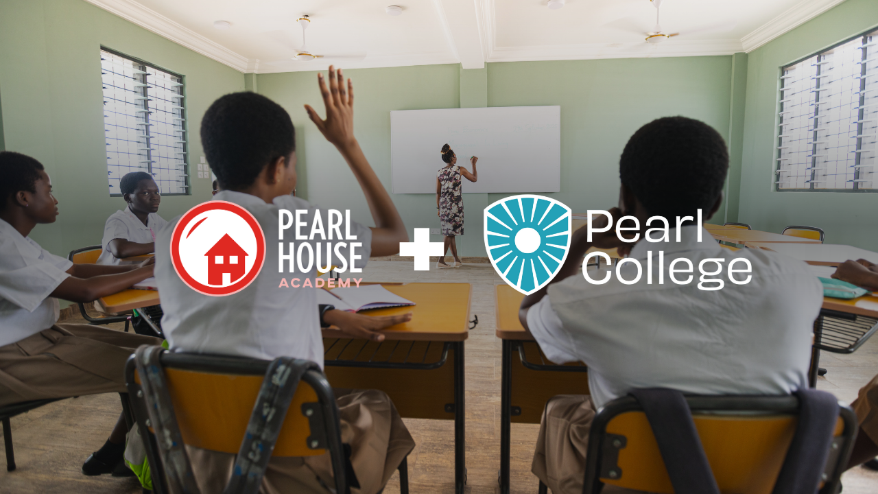 Classroom with students and a teacher at the front, raising hands, with logos of Pearl House Academy and Pearl College overlaid.