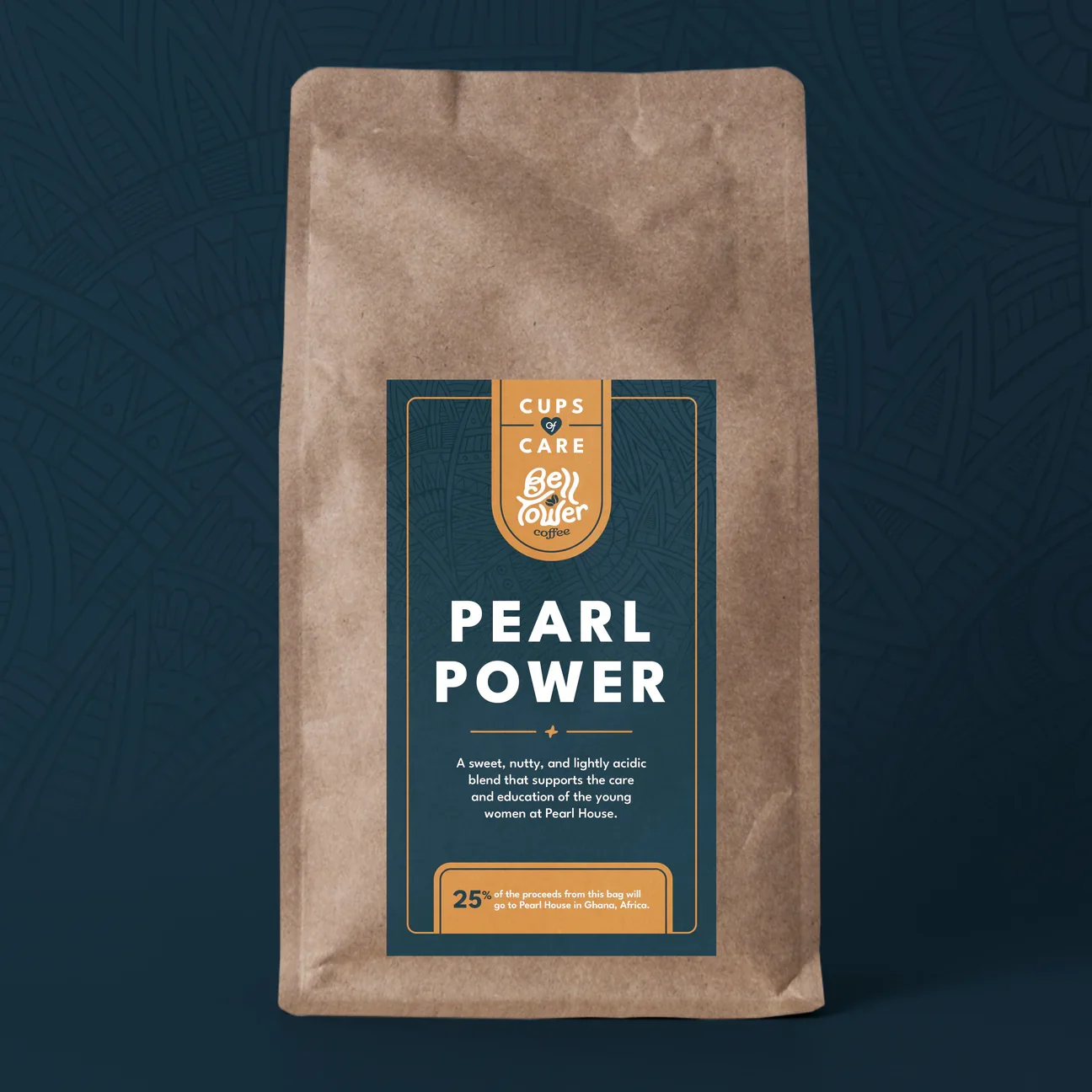 A brown paper bag of Pearl Power coffee with a blue and orange label that reads 'Cups of Care, Bellower Coffee,' and states it is a sweet, nutty, and lightly acidic blend supporting Pearl House with 25% of proceeds. The background is dark blue with a subtle pattern.