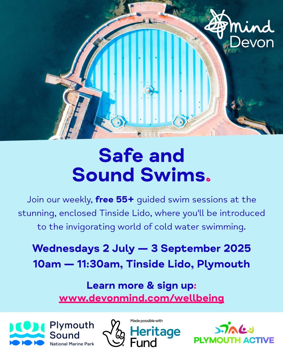 We're delighted to announce our new 𝗦𝗮𝗳𝗲 𝗮𝗻𝗱 𝗦𝗼𝘂𝗻𝗱𝘀 𝗦𝘄𝗶𝗺𝘀 at Tinside Lido, in partnership with Plymouth Sound National Marine Park and Plymouth Active! 🏊&zwj;♀️

Join our weekly, 𝗳𝗿𝗲𝗲 𝟱𝟱+ guided swim sessions at the stunning,