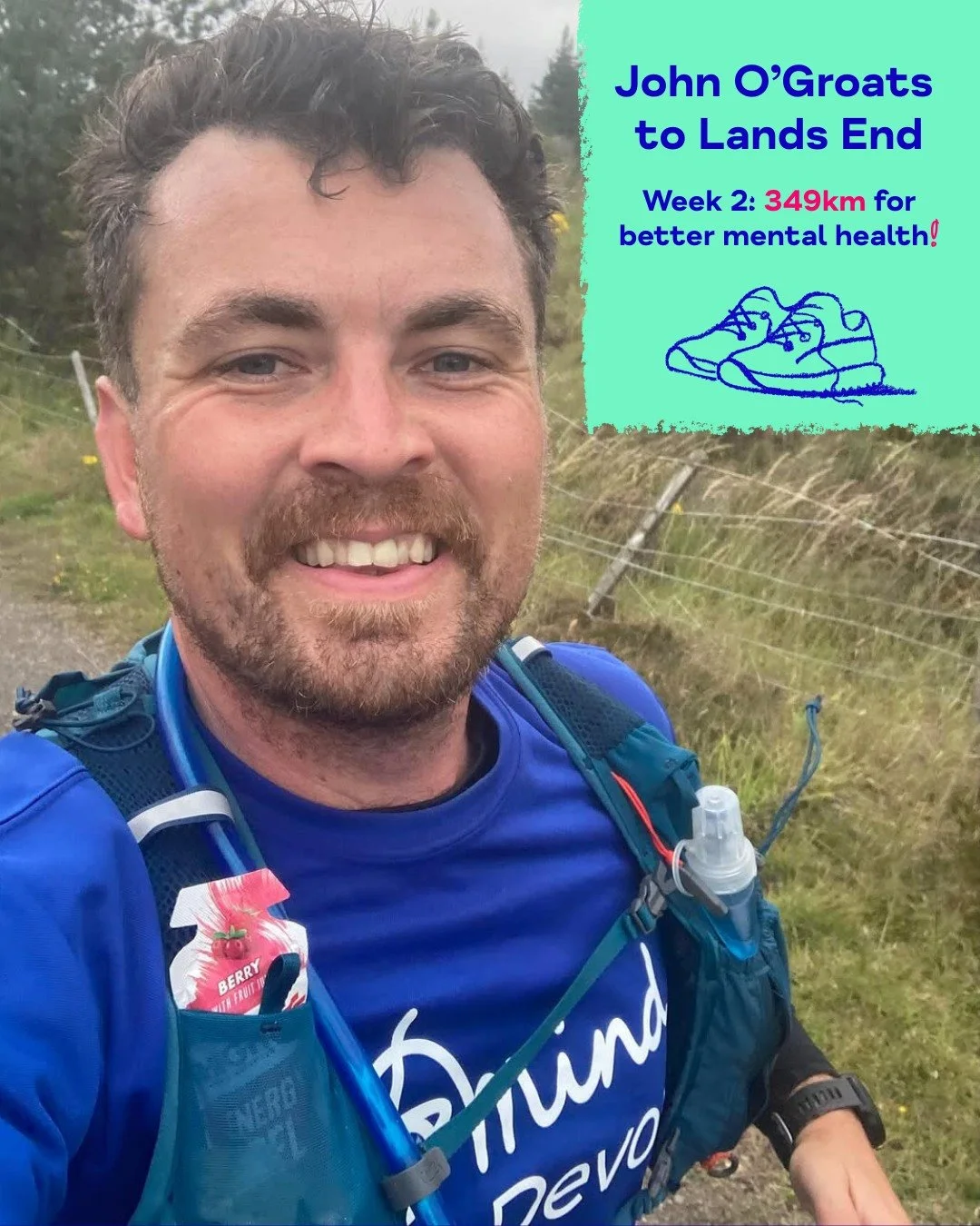 On 1 August, 𝗞𝗲𝗲𝗴𝗮𝗻 𝗪𝗼𝗼𝗱𝗵𝗮𝗹𝗹, began the iconic  John O'Groats to Land's End challenge in aid of Devon Mind! In the first 2 weeks, he completed an incredible 𝟲𝟰𝟮𝗸𝗺 across Scotland and England, flying the flag for better mental healt