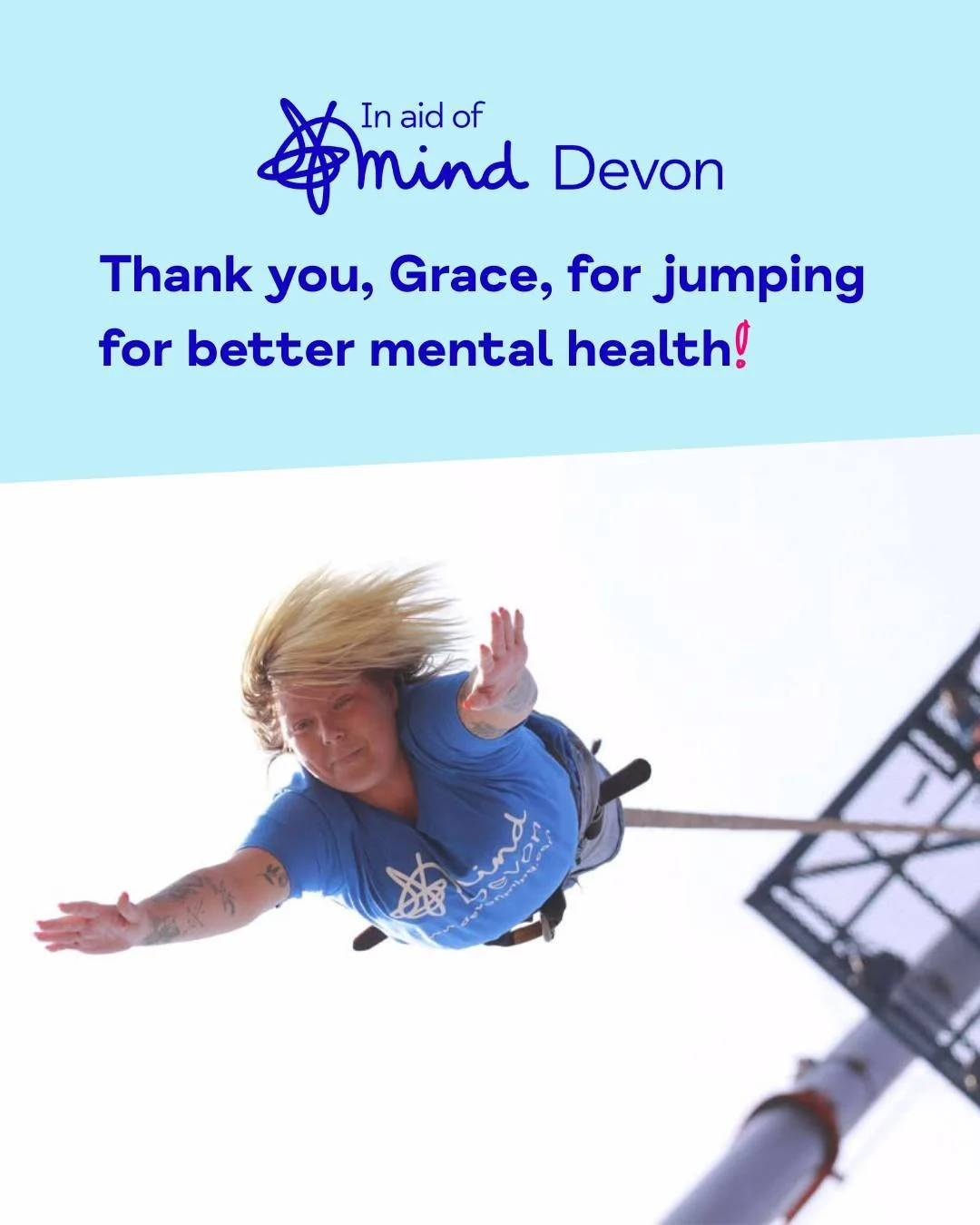 #FundraiserFriday

We would like to share a huge thank you to 𝗚𝗿𝗮𝗰𝗲 𝗗𝗮𝘃𝗶𝘀, who took an incredible jump for better mental health last weekend, raising &pound;𝟯𝟭𝟬 for Devon Mind! 💙 We couldn't provide the services we do without the suppor