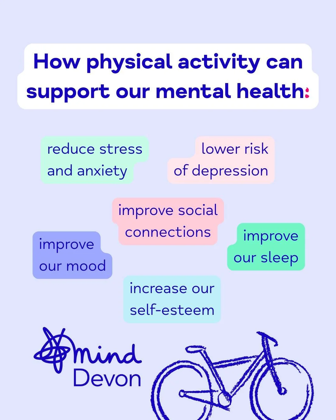 Physical activity has lots of benefits for our mental and physical wellbeing. It can help with things like:

● Managing stress ●  Improving sleep ●  Improving your mood ●  Improving confidence ●  Connecting with nature ●  Socialising and meeting new 