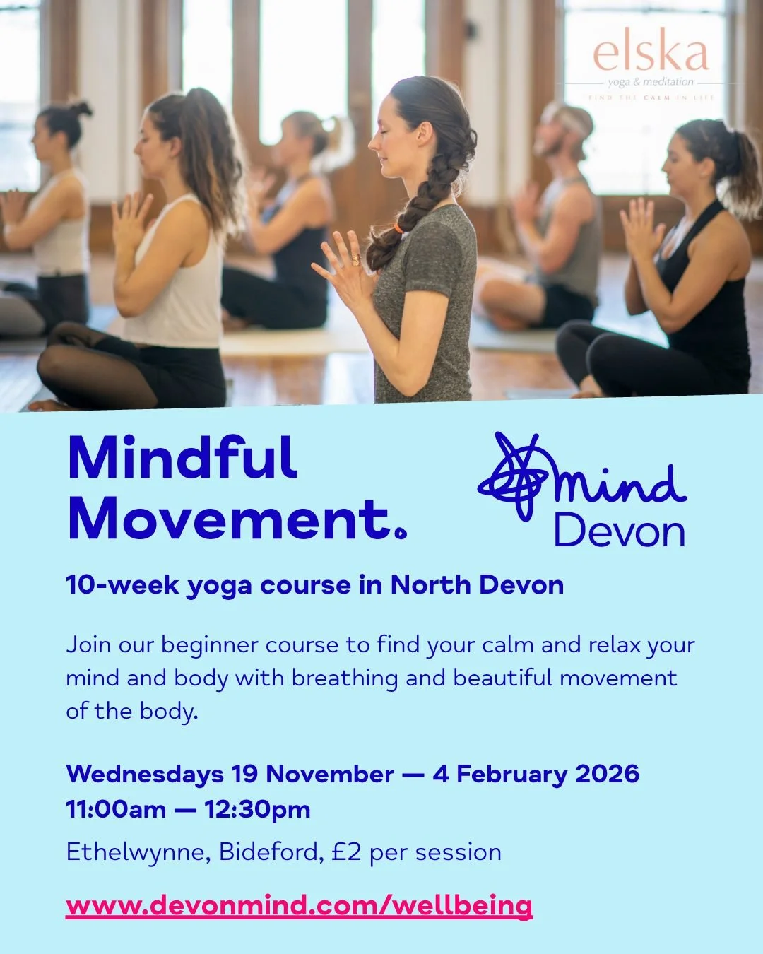 We're delighted to share a new date for our Mindful Movement wellbeing course in partnership with @elska.yoga, starting next month in #Bideford. 🧘

𝗠𝗶𝗻𝗱𝗳𝘂𝗹 𝗠𝗼𝘃𝗲𝗺𝗲𝗻𝘁 &mdash; 𝟭𝟬-𝘄𝗲𝗲𝗸 𝘆𝗼𝗴𝗮 𝗰𝗼𝘂𝗿𝘀𝗲 focuses on breathwork and