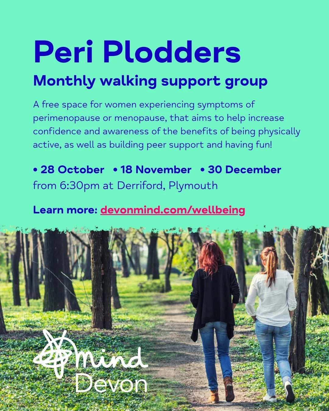 Upcoming dates for our 𝗣𝗲𝗿𝗶 𝗣𝗹𝗼𝗱𝗱𝗲𝗿𝘀 monthly walking support group on Tuesday evenings at #Derriford, #Plymouth! 👣

Our free group is for anyone impacted by #Perimenopause or #Menopause and aims to help increase confidence and awareness 