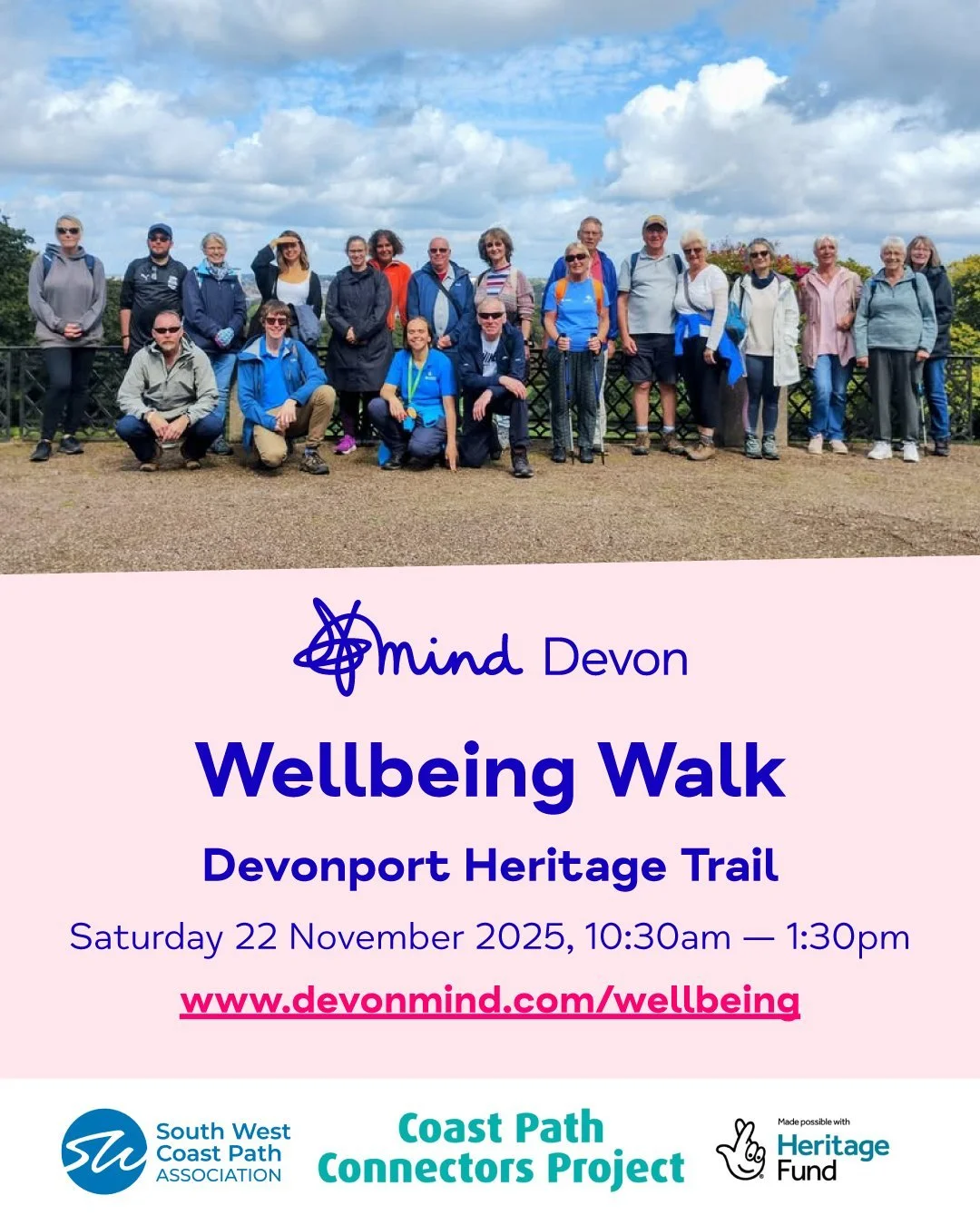 👣 𝗪𝗲𝗹𝗹𝗯𝗲𝗶𝗻𝗴 𝗪𝗮𝗹𝗸 with @southwestcoastpath! 

📆 Saturday 22 November 2025
⏰ 10:30am &mdash; 1:30pm
🗺️ Devonport Heritage Trail, #Plymouth

Join our next Wellbeing Walk for an opportunity to connect with others whilst spending time in o
