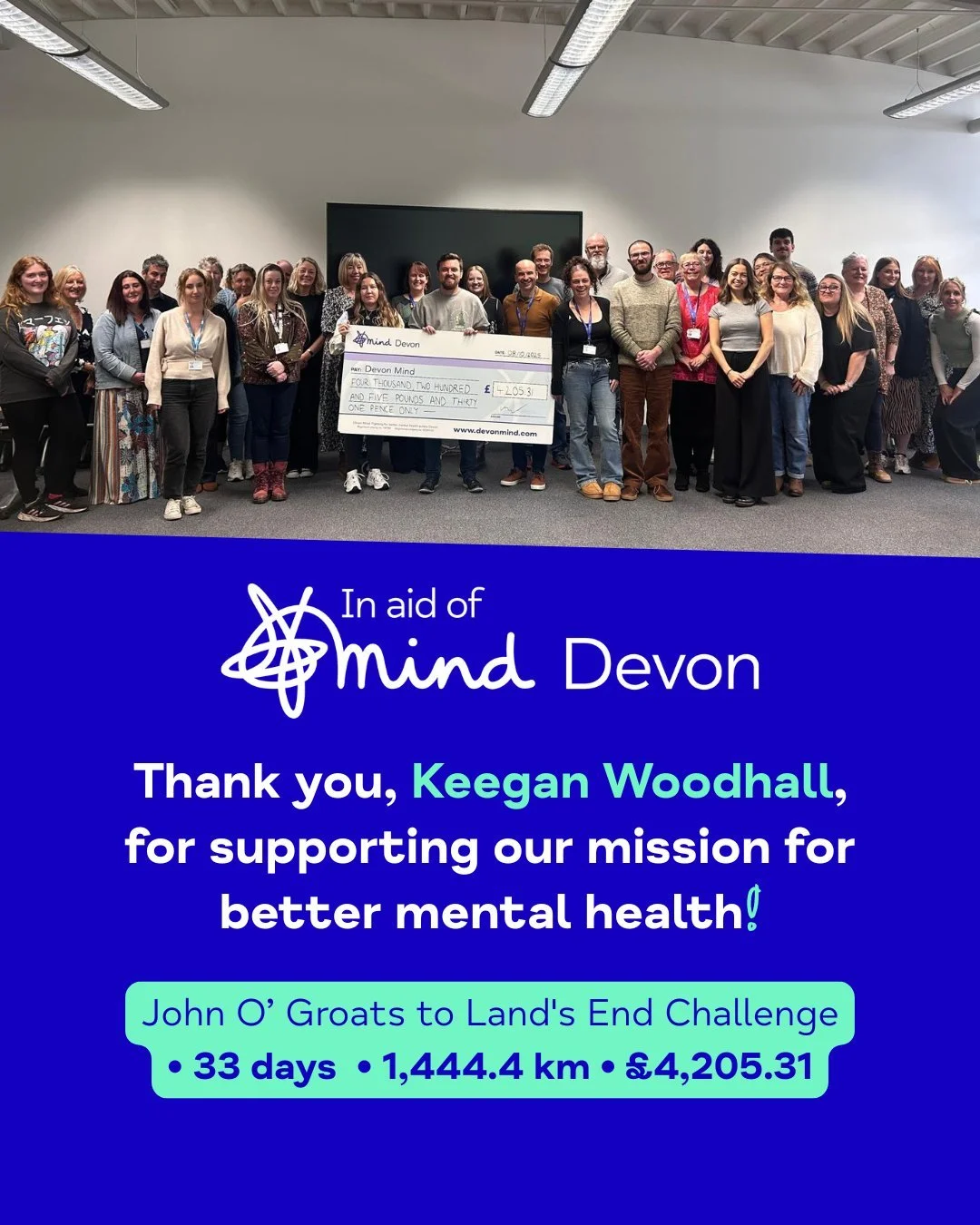 We would like to share an enormous congratulations and thank you to 𝗞𝗲𝗲𝗴𝗮𝗻 𝗪𝗼𝗼𝗱𝗵𝗮𝗹𝗹 for completing his mammoth John O&rsquo;Groats to Land&rsquo;s End Challenge in aid of better mental health and raising an incredible &pound;𝟰,𝟮𝟬𝟱.?
