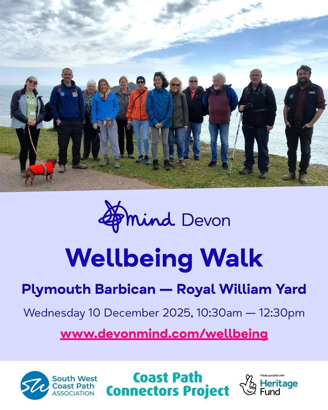 👣 𝗪𝗲𝗹𝗹𝗯𝗲𝗶𝗻𝗴 𝗪𝗮𝗹𝗸 with @southwestcoastpath! 

📆 Wednesday 10 December 2025
⏰ 10:30am &mdash; 12:30pm
🗺️ #Plymouth Barbican &mdash; Royal William Yard

Join our final wellbeing walk of the year for an opportunity to connect with others 