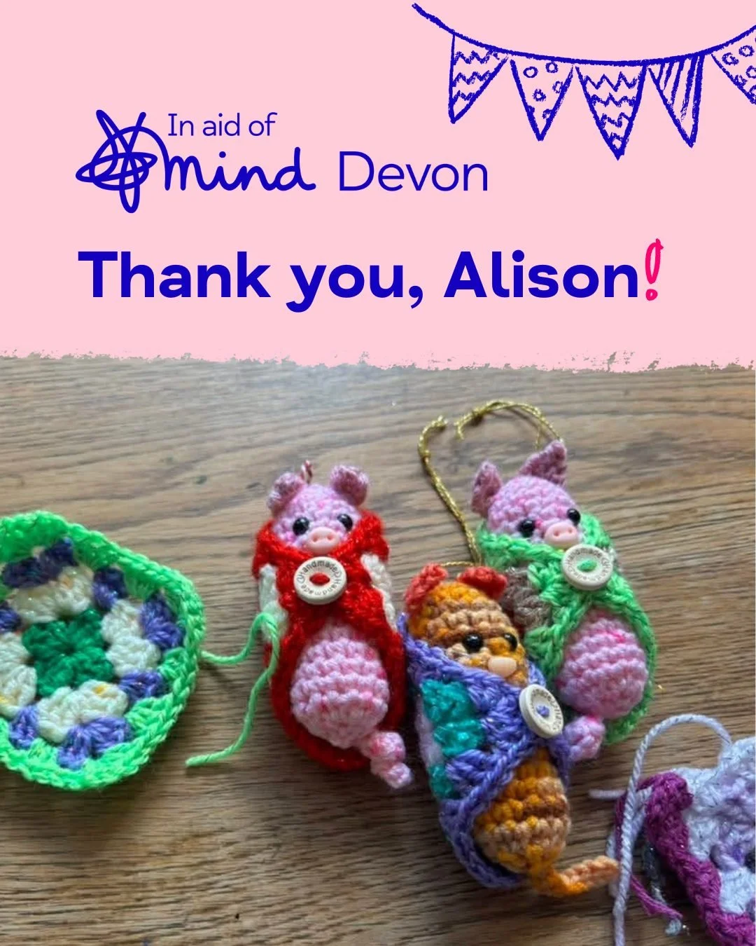 #FundraiserFriday

This week, we're sharing a shoutout to the talented @aliluvs2crochet, who is currently selling her adorable crocheted Pigs in Blankets tree decorations in aid of Devon Mind and our mission for better mental health! 💙

You can purc