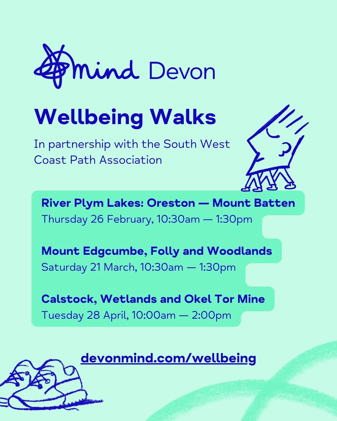 👣 We've just added 3 new dates for our upcoming 𝗪𝗲𝗹𝗹𝗯𝗲𝗶𝗻𝗴 𝗪𝗮𝗹𝗸𝘀 in partnership with  @southwestcoastpath! 

Join us to explore the stunning heritage, wildlife, and views on the coast path around the #Plymouth area. These walks are desi