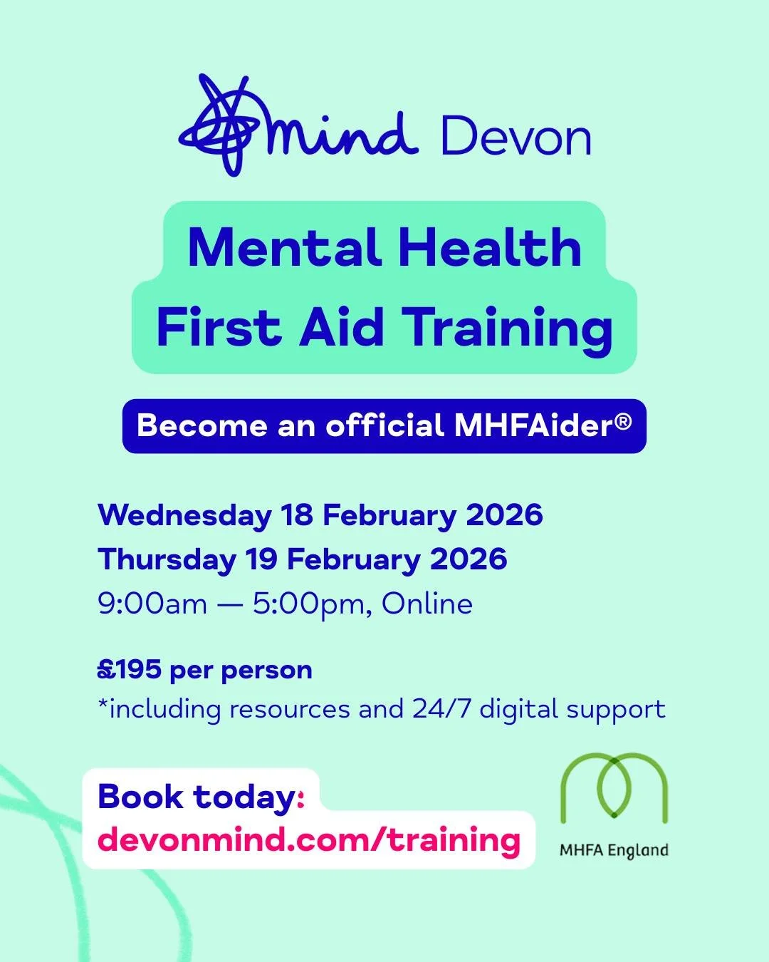 Are you looking to become an accredited 𝗠𝗲𝗻𝘁𝗮𝗹 𝗛𝗲𝗮𝗹𝘁𝗵 𝗙𝗶𝗿𝘀𝘁 𝗔𝗶𝗱𝗲𝗿&reg; with @mhfaengland?

There are still places available on our next 2-day online public training course taking place this month. 

1️⃣ Wednesday 18 February 202