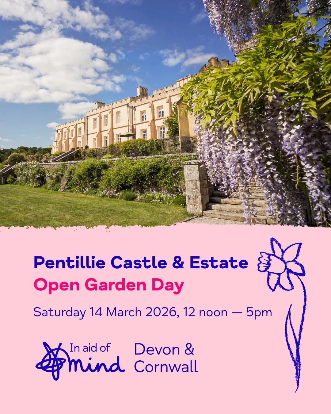 🌷 Step into spring and soak up the scenery at @pentilliecastle, all whilst helping raise much-needed funds for mental health support services across #Devon and #Cornwall 🪻

Taking place on 𝗦𝗮𝘁𝘂𝗿𝗱𝗮𝘆 𝟭𝟰 𝗠𝗮𝗿𝗰𝗵 𝟮𝟬𝟮𝟲, the 𝗢𝗽𝗲𝗻 𝗚?