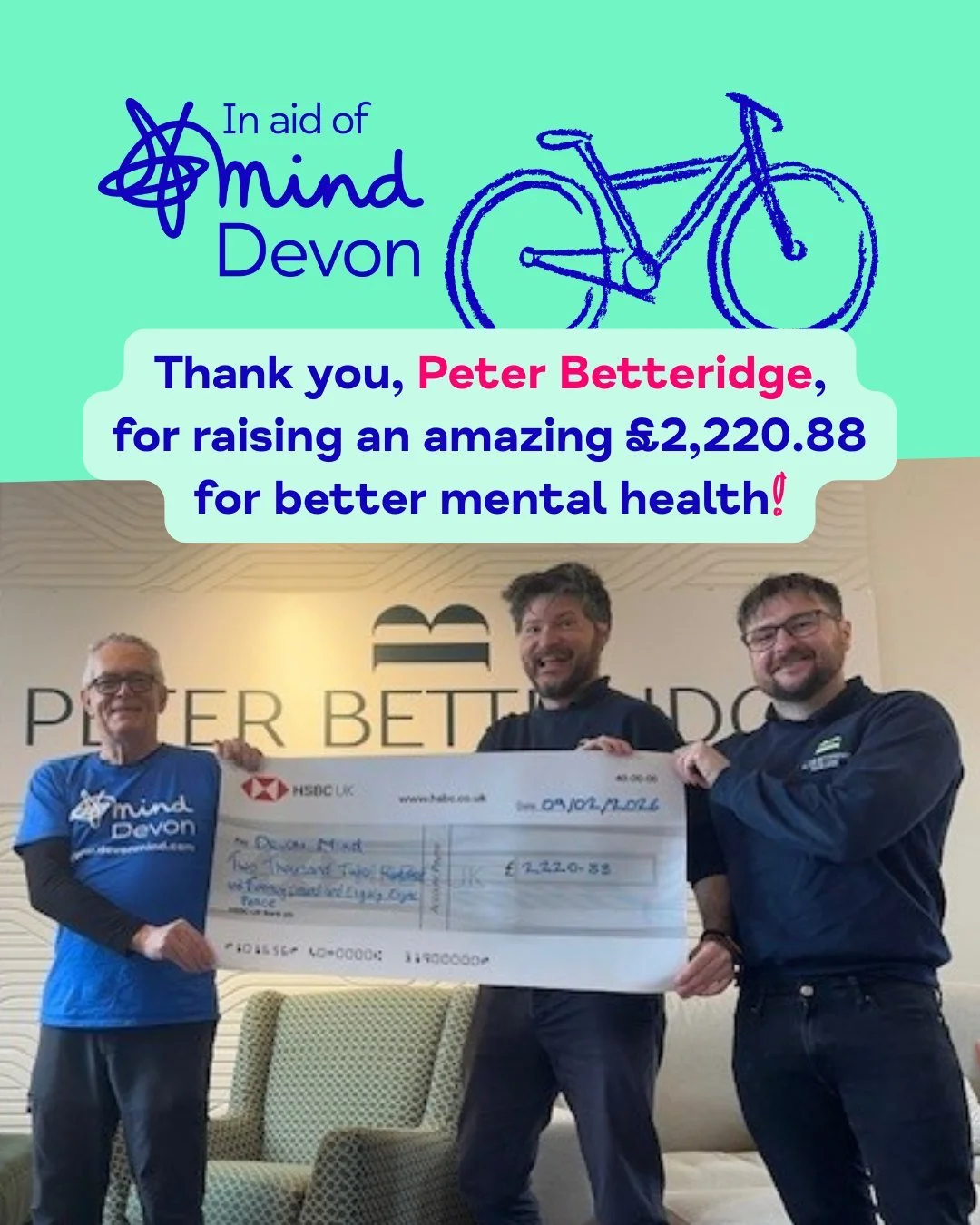 We would like to share a huge thank you and congratulations to the  @the_bed_expert team, who completed their 500-mile in-store cycling challenge and raised an amazing &pound;𝟮,𝟮𝟮𝟬.𝟴𝟴 in aid of Devon Mind. 💙 

Both the Kingsbridge and Honiton 