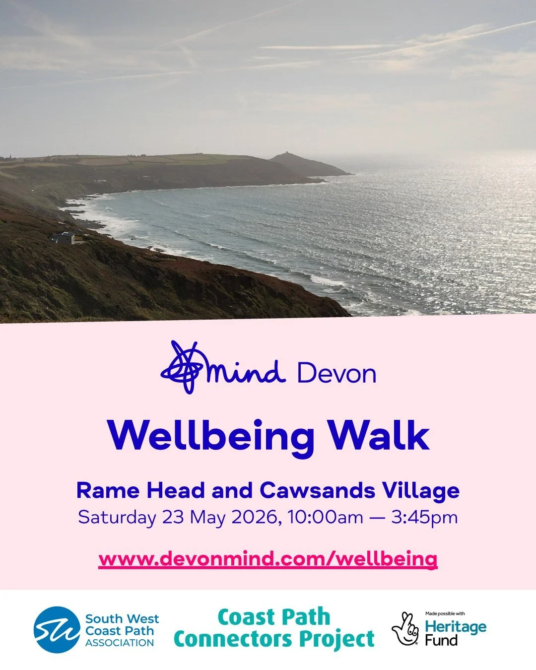 👣 𝗪𝗲𝗹𝗹𝗯𝗲𝗶𝗻𝗴 𝗪𝗮𝗹𝗸 with @southwestcoastpath &mdash; the next walk is available to sign up now!

📆 Saturday 23 May 2026
⏰ 10:00am &mdash; 3:45pm
🗺️ Rame Head and Cawsands Village

Join our gentle 4-mile walk around Rame Head and Cawsand 
