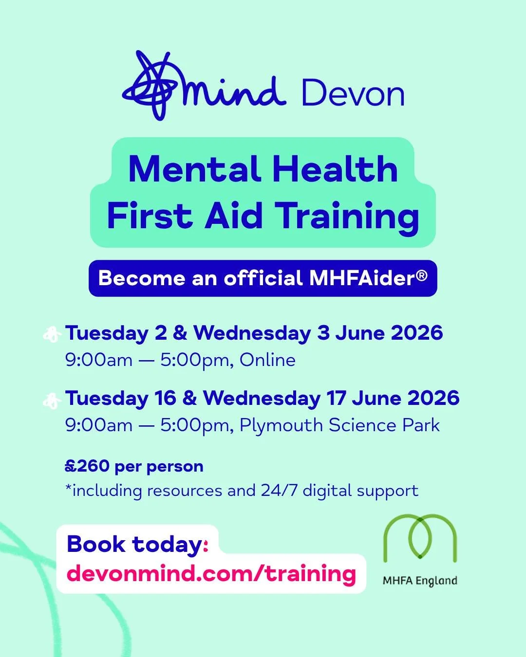 Are you looking to become an accredited 𝗠𝗲𝗻𝘁𝗮𝗹 𝗛𝗲𝗮𝗹𝘁𝗵 𝗙𝗶𝗿𝘀𝘁 𝗔𝗶𝗱𝗲𝗿&reg; with @mhfaengland?

We have new dates available in June for our 2-day public training course, available in person and online.

𝗧𝘂𝗲𝘀𝗱𝗮𝘆 𝟮 &amp; 𝗪𝗲𝗱