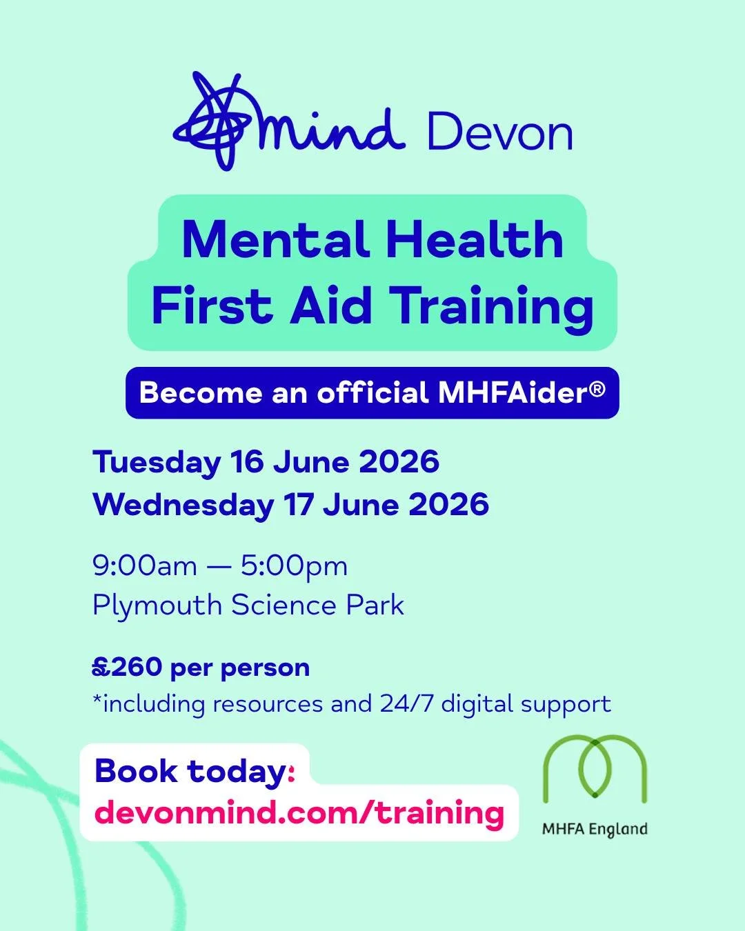 Are you looking to become an accredited 𝗠𝗲𝗻𝘁𝗮𝗹 𝗛𝗲𝗮𝗹𝘁𝗵 𝗙𝗶𝗿𝘀𝘁 𝗔𝗶𝗱𝗲𝗿&reg; with @mhfaengland? We have a new in-person public training date available for next month!

𝗧𝘂𝗲𝘀𝗱𝗮𝘆 𝟭𝟲 &amp; 𝗪𝗲𝗱𝗻𝗲𝘀𝗱𝗮𝘆 𝟭𝟳 𝗝𝘂𝗻𝗲 𝟮𝟬𝟮?