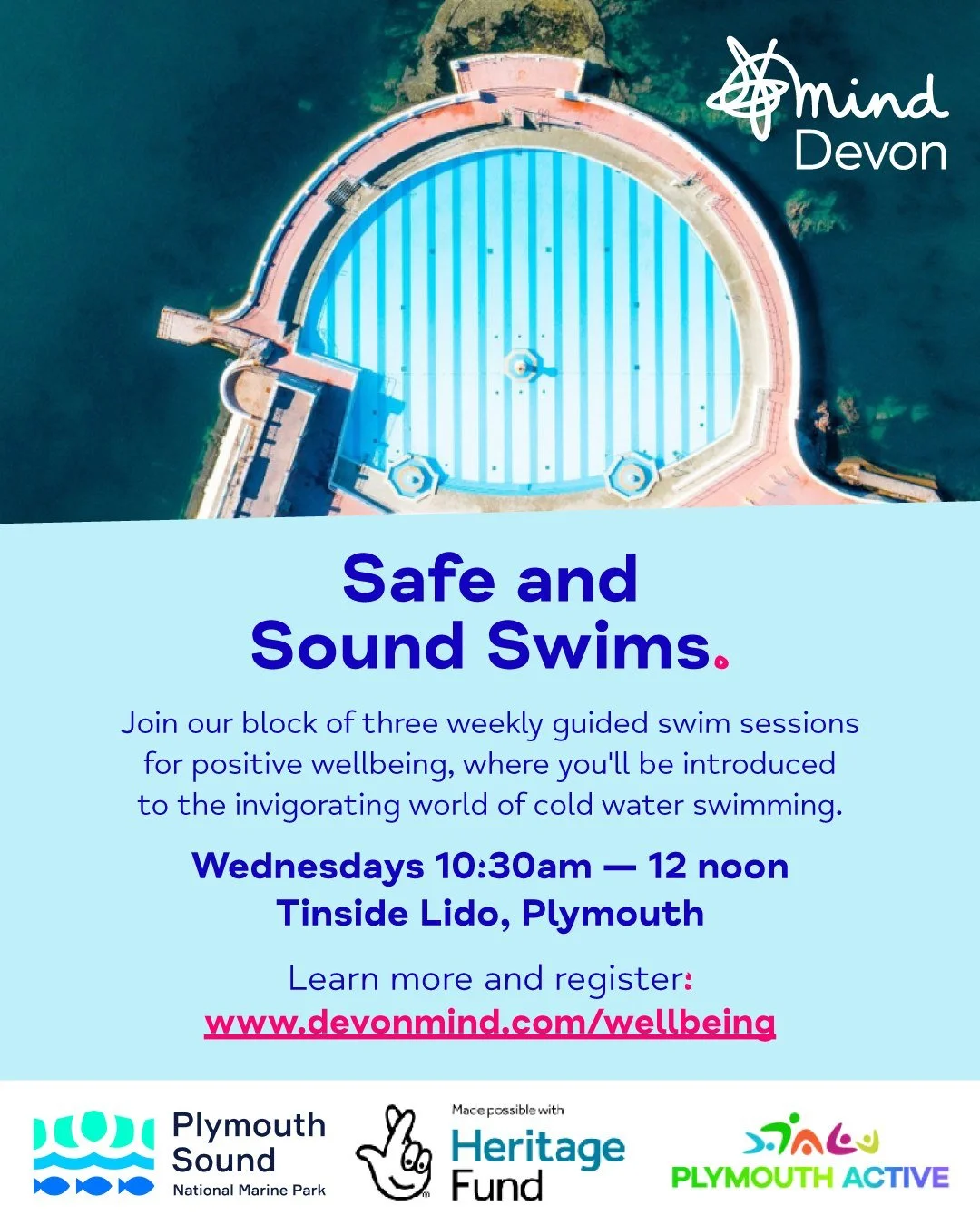 We're delighted to bring back the popular 𝗦𝗮𝗳𝗲 𝗮𝗻𝗱 𝗦𝗼𝘂𝗻𝗱𝘀 𝗦𝘄𝗶𝗺𝘀 at Tinside Lido next month, in partnership with Plymouth Sound National Marine Park and Plymouth Active! 🏊&zwj;♀️

Join a block of three weekly, guided swim sessions a
