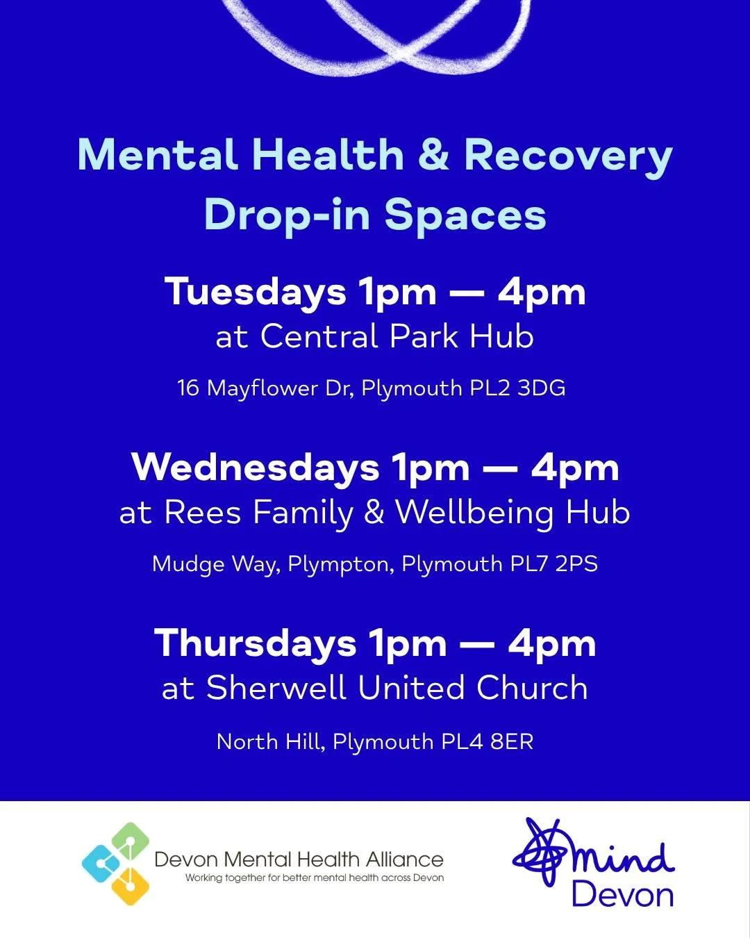 The three new weekly drop-ins in #Plymouth launch this week! 💙

The 𝗠𝗲𝗻𝘁𝗮𝗹 𝗛𝗲𝗮𝗹𝘁𝗵 &amp; 𝗥𝗲𝗰𝗼𝘃𝗲𝗿𝘆 𝗗𝗿𝗼𝗽-𝗶𝗻 𝗦𝗽𝗮𝗰𝗲𝘀 delivered in partnership with @devonmha are free, open-access, and available to anyone aged 18 and over. 