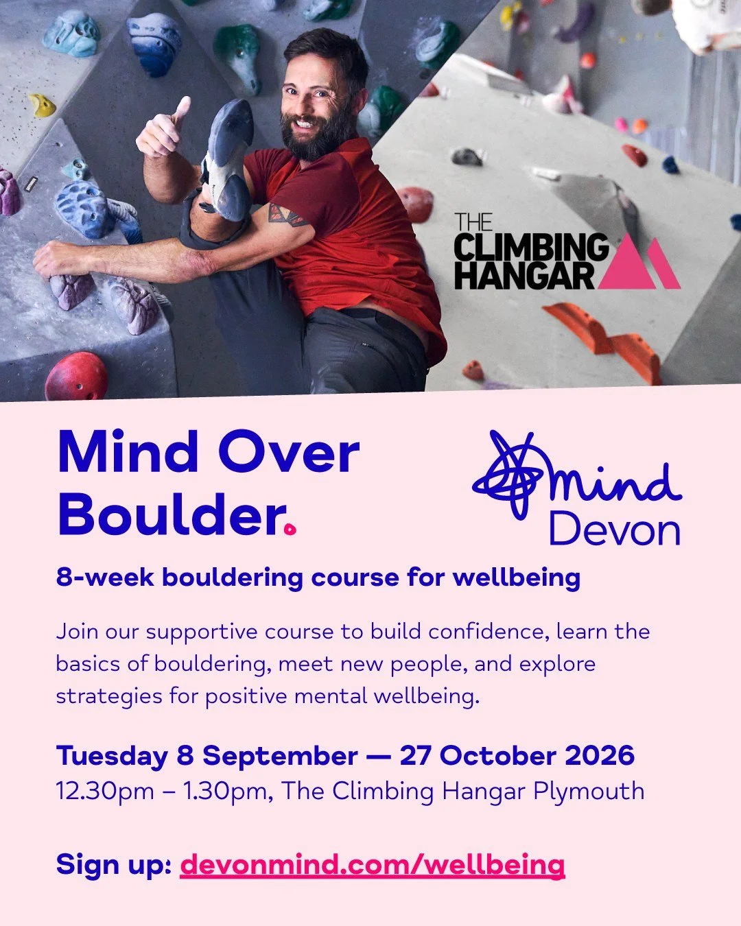 𝗠𝗶𝗻𝗱 𝗢𝘃𝗲𝗿 𝗕𝗼𝘂𝗹𝗱𝗲𝗿 &mdash; 8-week bouldering course for mental wellbeing 😊

Join our supportive course to build confidence, learn the basics of bouldering, meet new people, and explore strategies for positive mental wellbeing. 

📆 Tue