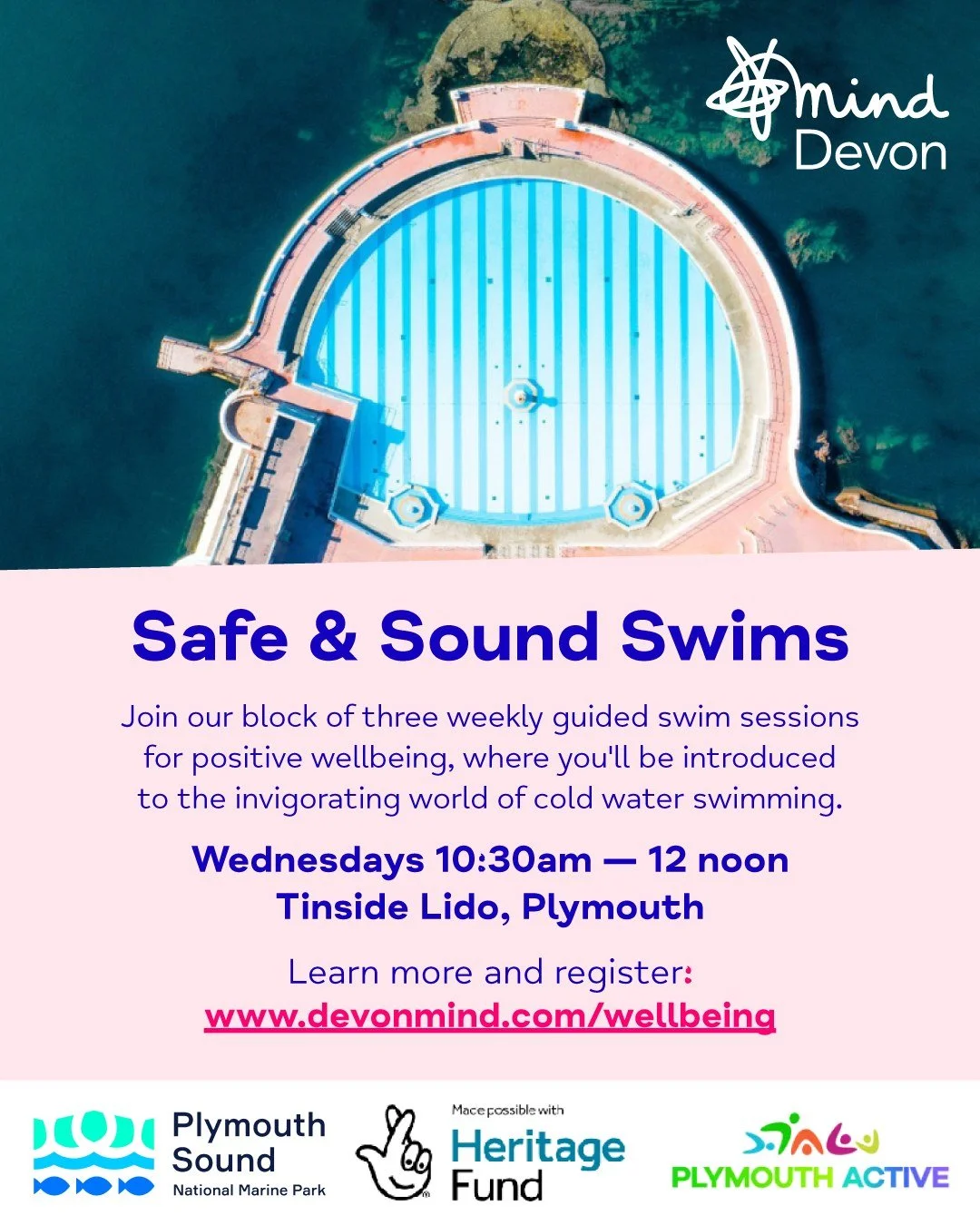 We've just a few more places to the popular 𝗦𝗮𝗳𝗲 𝗮𝗻𝗱 𝗦𝗼𝘂𝗻𝗱𝘀 𝗦𝘄𝗶𝗺𝘀 at Tinside Lido, in partnership with @plymsoundnmp and @plymouthactiveleisure! 🏊&zwj;♀️

Join a block of three weekly, free guided swim sessions at the stunning, enc
