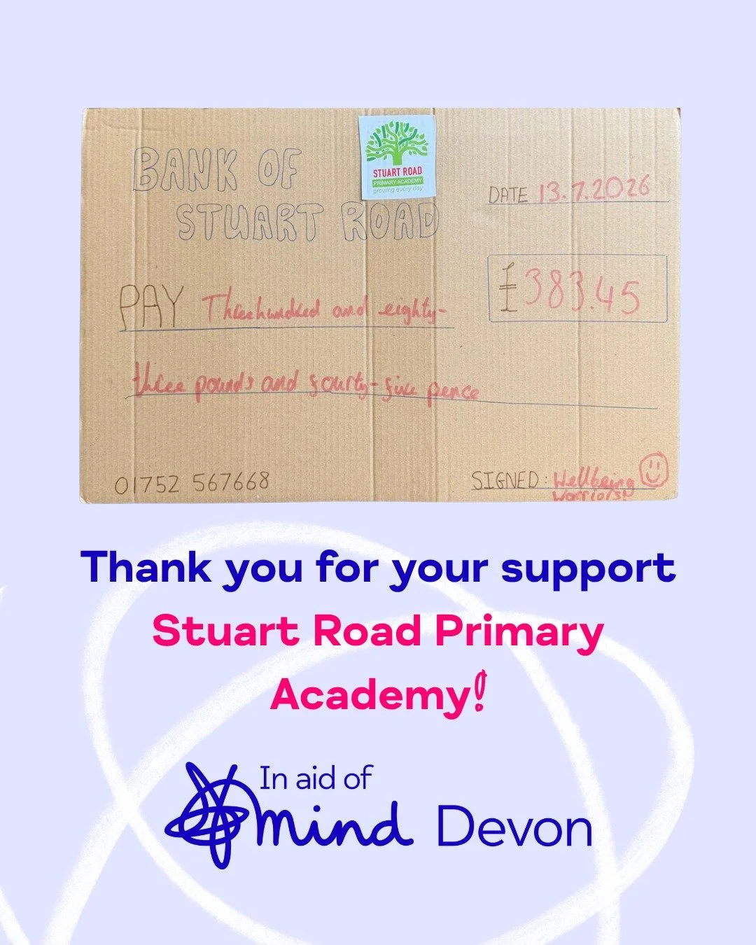 #FundraiserFriday 

A huge thank you to everyone at 𝗦𝘁𝘂𝗮𝗿𝘁 𝗥𝗼𝗮𝗱 𝗣𝗿𝗶𝗺𝗮𝗿𝘆 𝗔𝗰𝗮𝗱𝗲𝗺𝘆 for raising &pound;𝟯𝟴𝟯.𝟰𝟱 to support better mental health in #Devon! 💙

Over the past year, the school's Wellbeing Warriors organised a fant