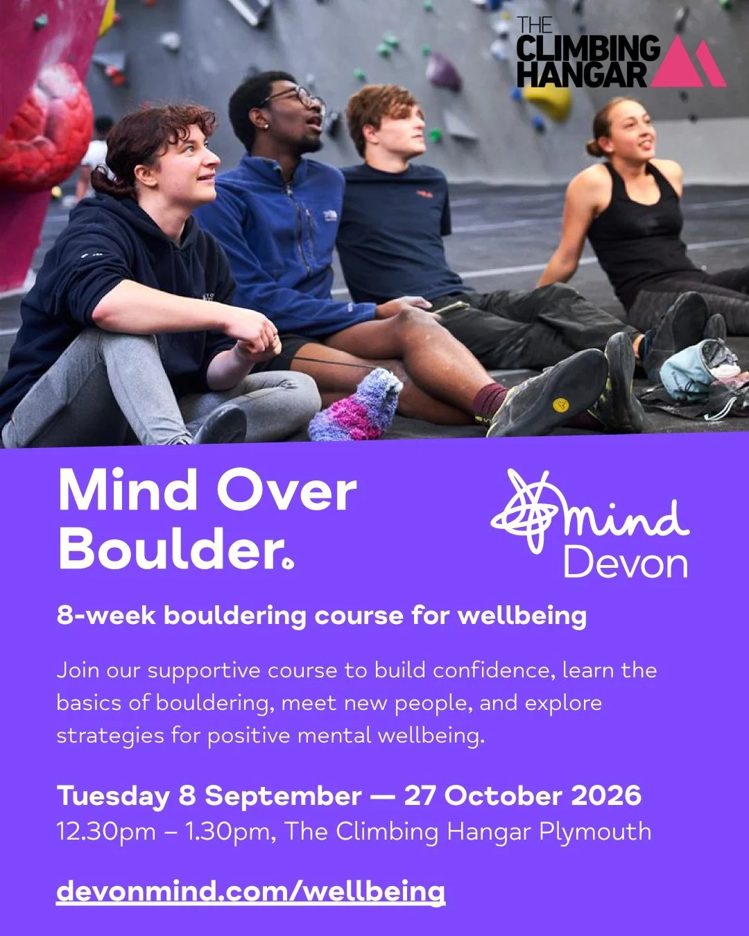 𝗠𝗶𝗻𝗱 𝗢𝘃𝗲𝗿 𝗕𝗼𝘂𝗹𝗱𝗲𝗿 &mdash; 8-week bouldering course for mental wellbeing 😊

Join our supportive course to build confidence, learn the basics of bouldering, meet new people, and explore strategies for positive mental wellbeing. 

📆 Tue