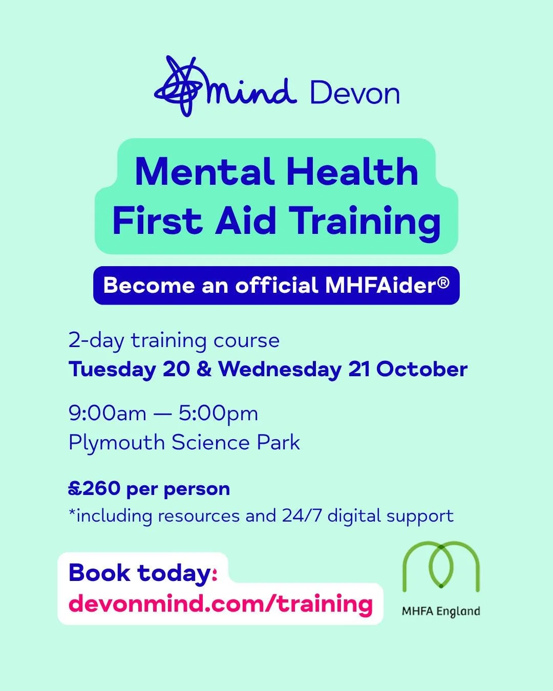 Are you looking to become an accredited 𝗠𝗲𝗻𝘁𝗮𝗹 𝗛𝗲𝗮𝗹𝘁𝗵 𝗙𝗶𝗿𝘀𝘁 𝗔𝗶𝗱𝗲𝗿&reg; with @mhfaengland? We have a new in-person public training date available for next month!

𝗧𝘂𝗲𝘀𝗱𝗮𝘆 𝟮𝟬 &amp; 𝗪𝗲𝗱𝗻𝗲𝘀𝗱𝗮𝘆 𝟮𝟭 𝗢𝗰𝘁𝗼𝗯𝗲𝗿 ?