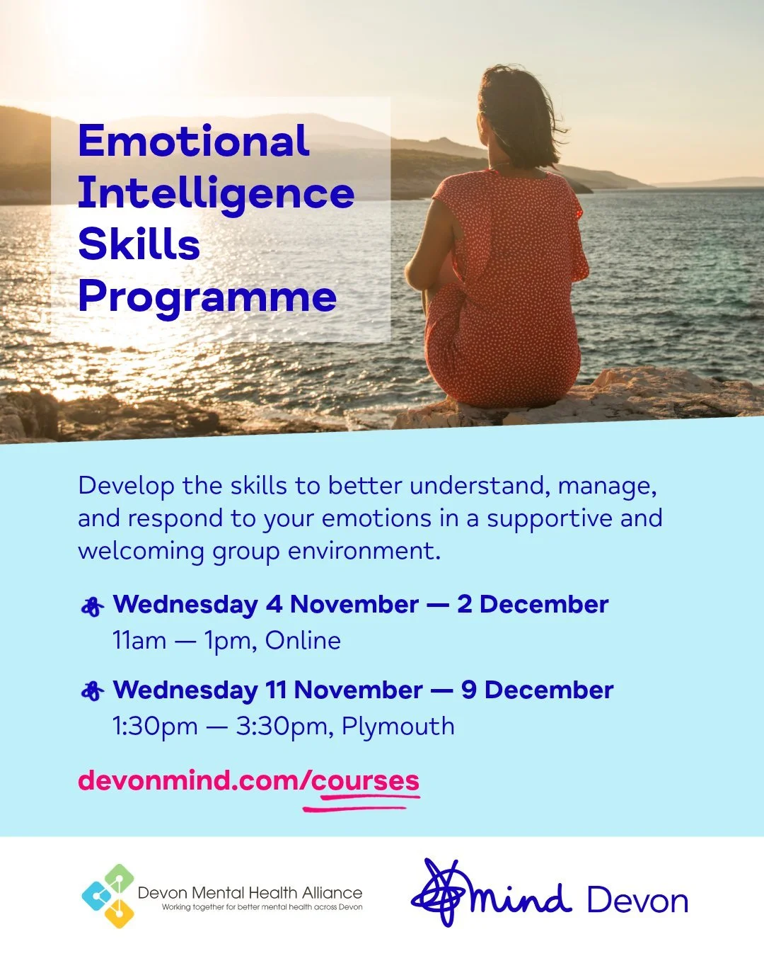 New dates are available for our 5-week course, 𝗘𝗺𝗼𝘁𝗶𝗼𝗻𝗮𝗹 𝗜𝗻𝘁𝗲𝗹𝗹𝗶𝗴𝗲𝗻𝗰𝗲 𝗦𝗸𝗶𝗹𝗹𝘀 𝗣𝗿𝗼𝗴𝗿𝗮𝗺𝗺𝗲! 😊

Develop the skills to better understand, manage, and respond to your emotions in a supportive, and welcoming group environ