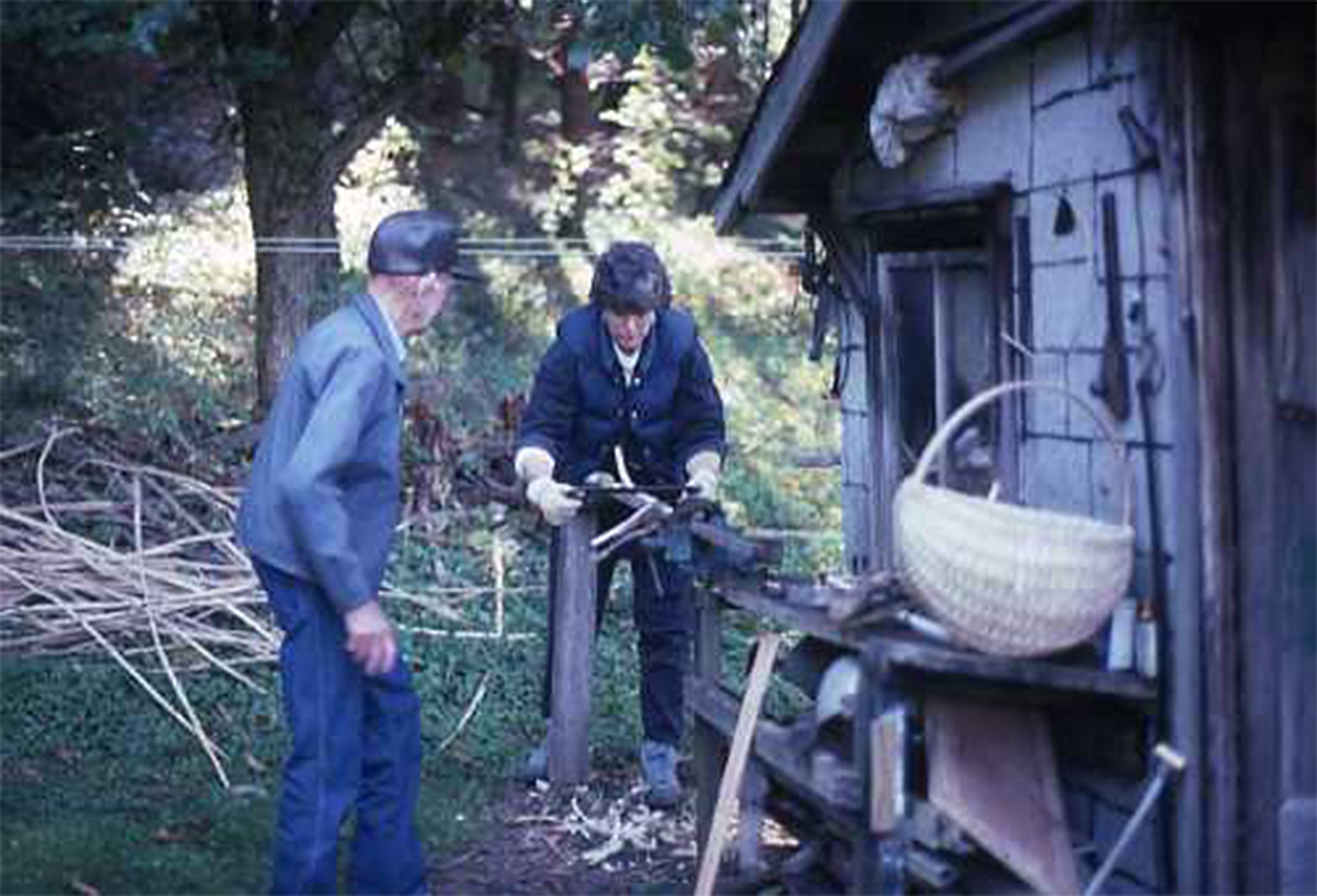 Kate Goodrich shaves down a white oak trunk as basketmaker Clyde Case looks on