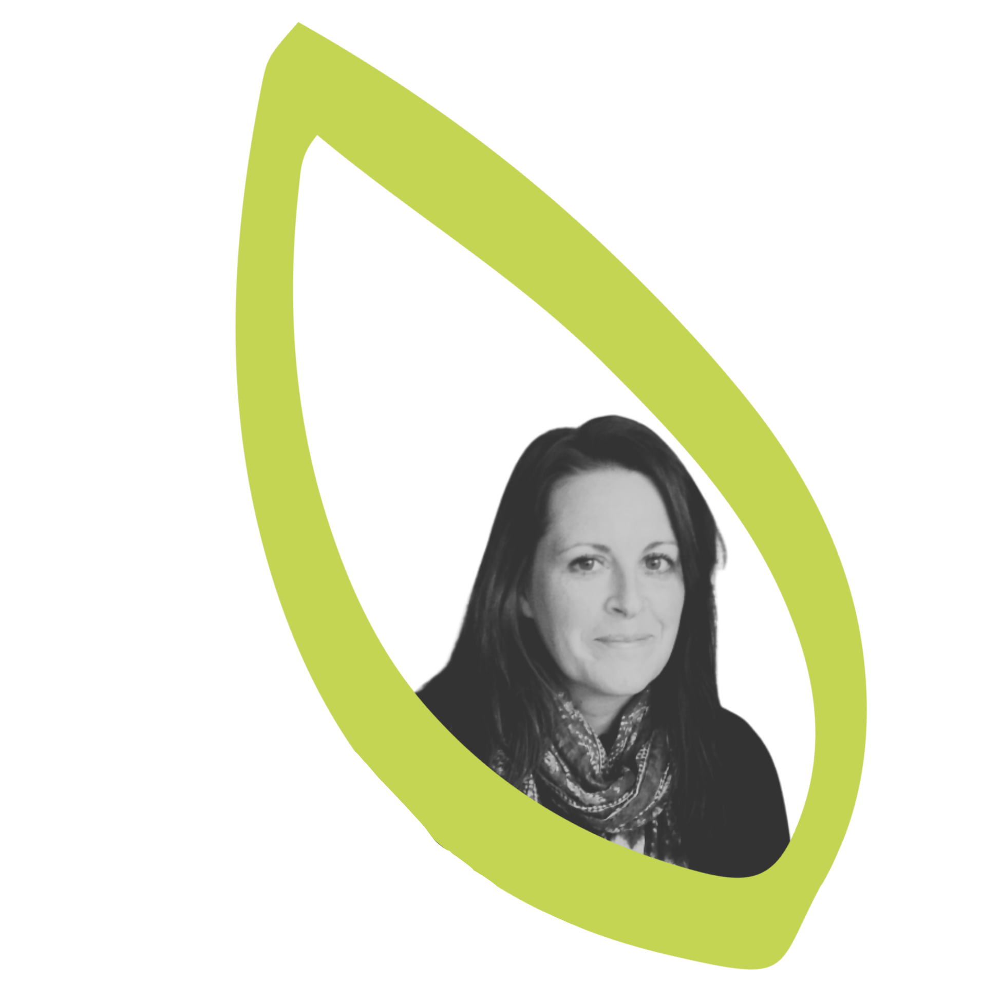 Kelcey. Black and white portrait of a woman with long dark hair, wearing a patterned scarf and a dark jacket, surrounded by a green abstract curved border.