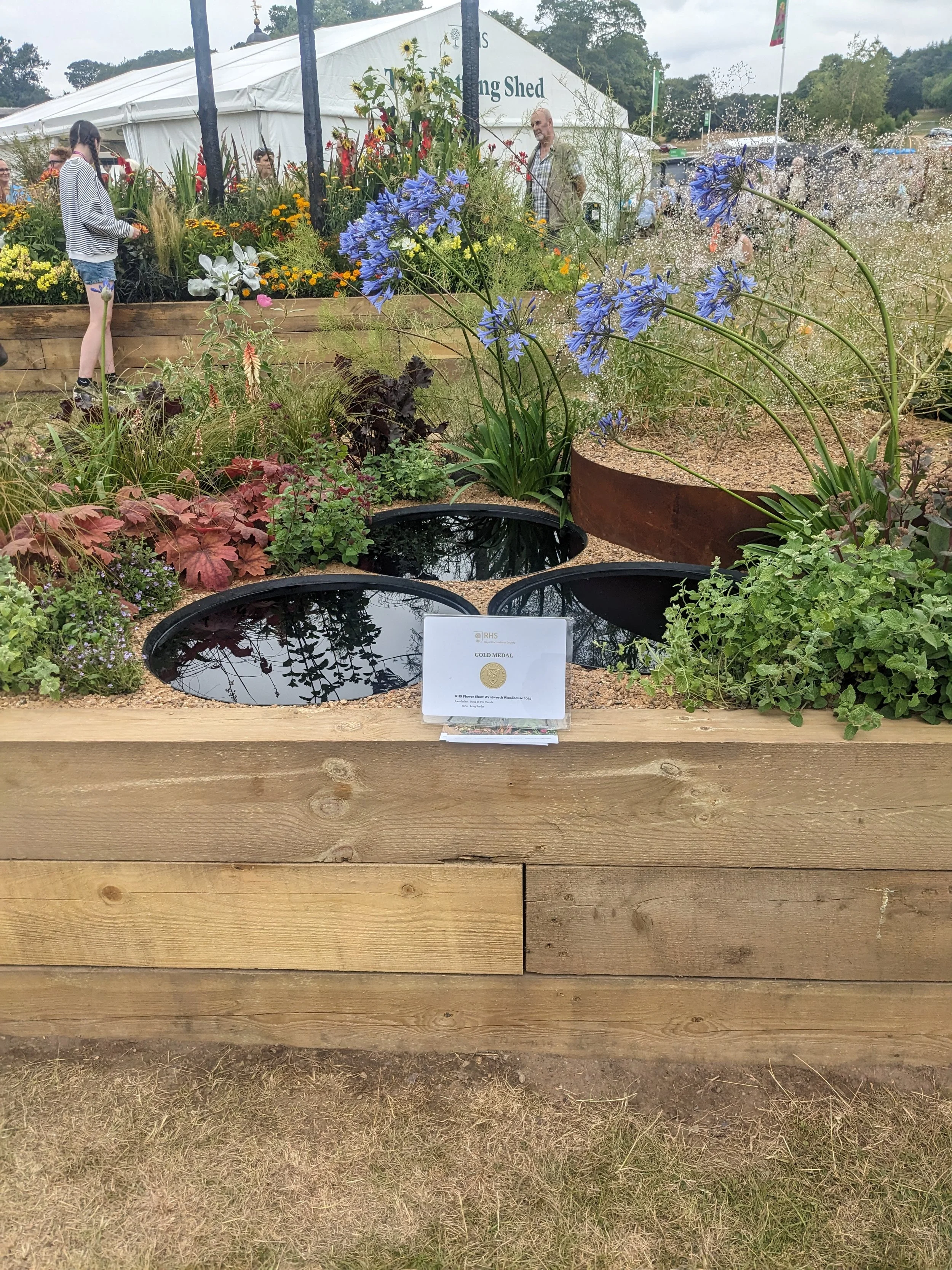 A flower display at a fair features a wooden planter with purple and green plants, two small water containers, and a white sign indicating a gold medal award. In the background, people are walking around a large white tent, with greenery and flags vi