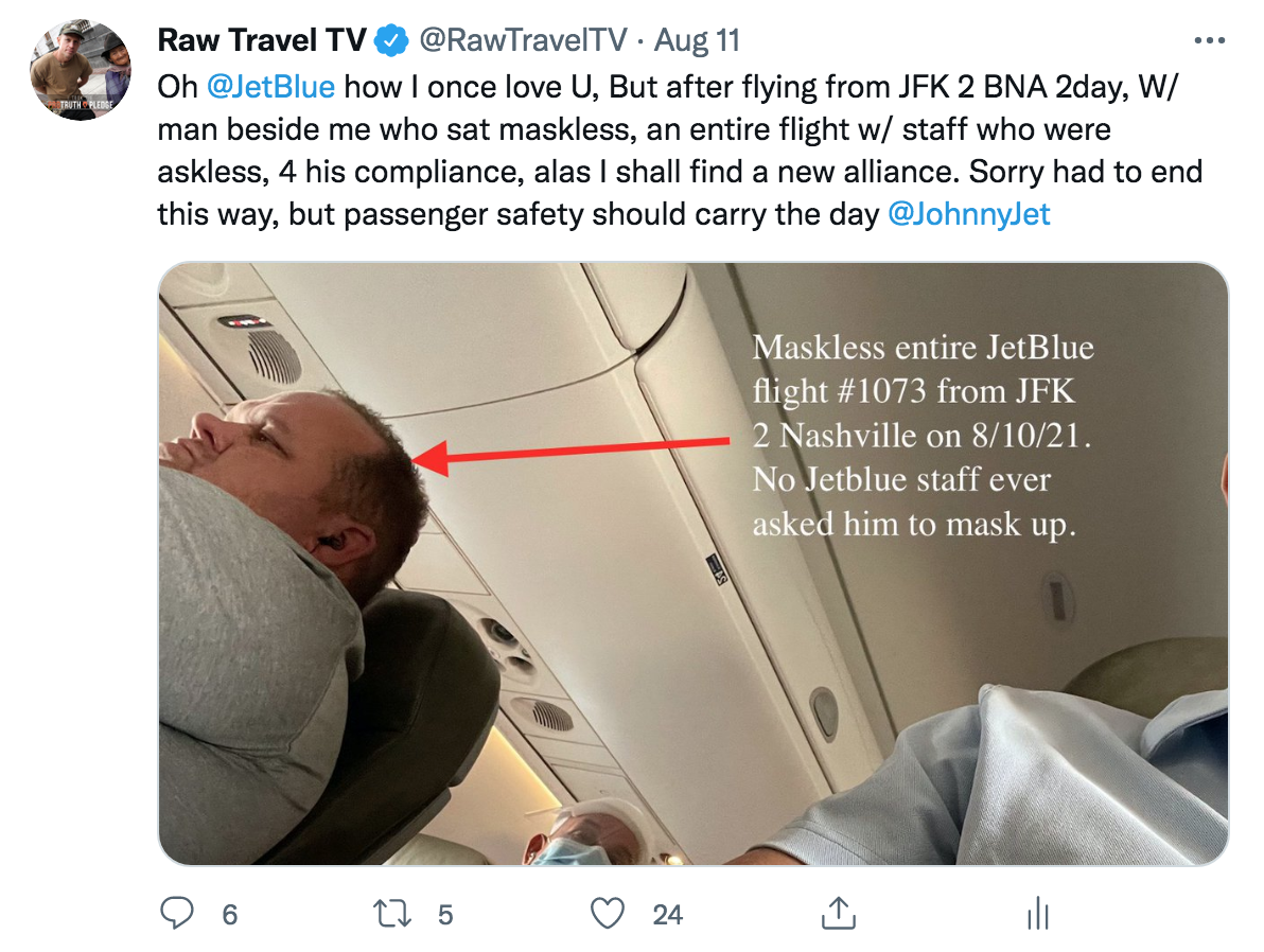 Chilling like a maskless villain… and Jetblue staff did nothing.