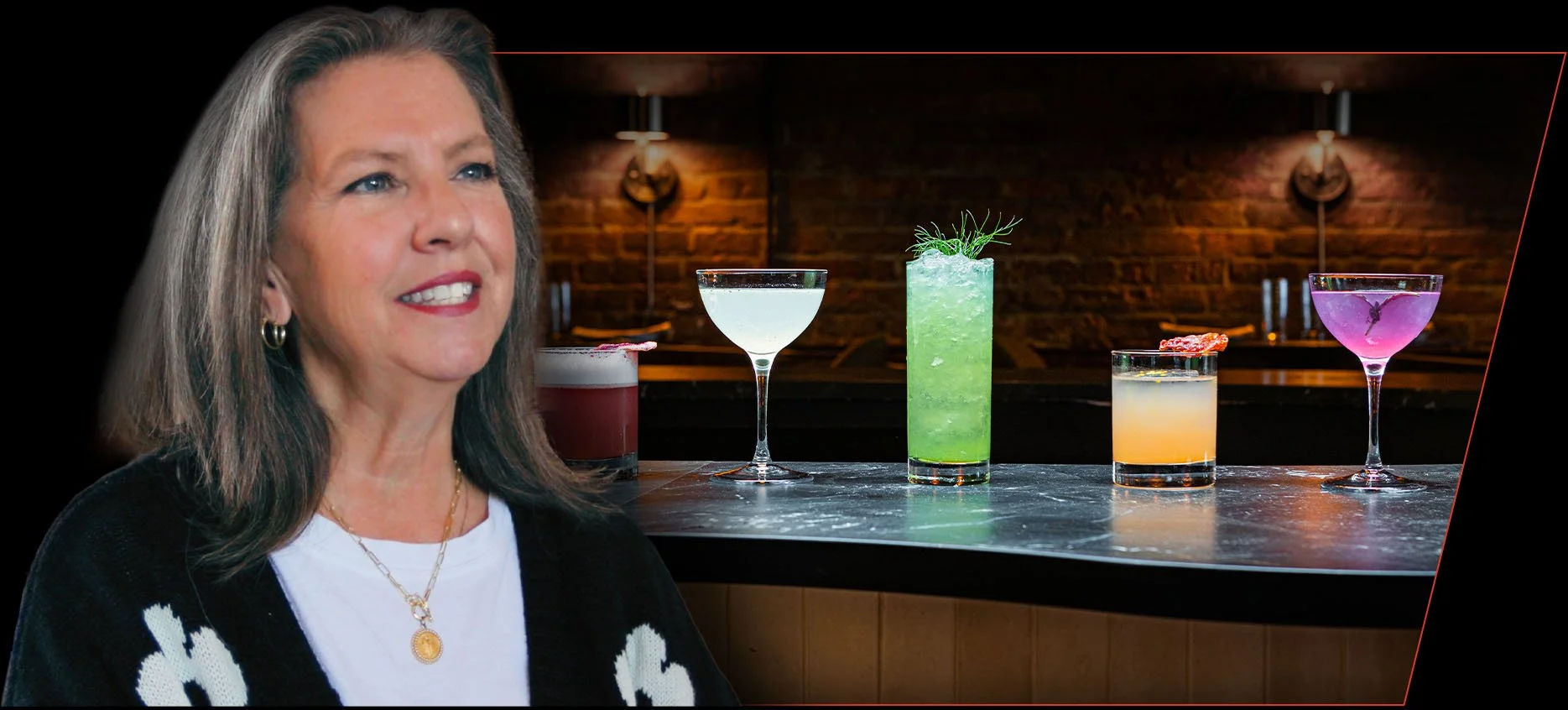 Testimonial portrait of Janice A smiling with a bar with drinks in a low lit room