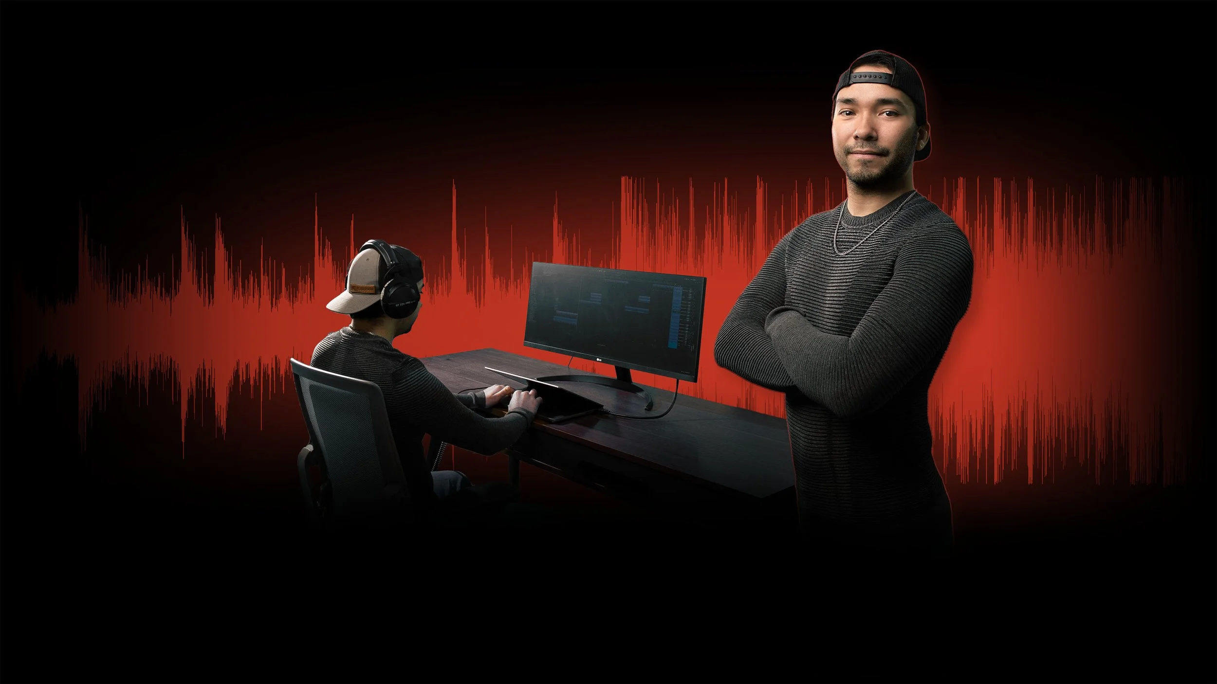 Charles Van Norden is pictured posing for a portrait and sitting at a desk composing custom audio for brands