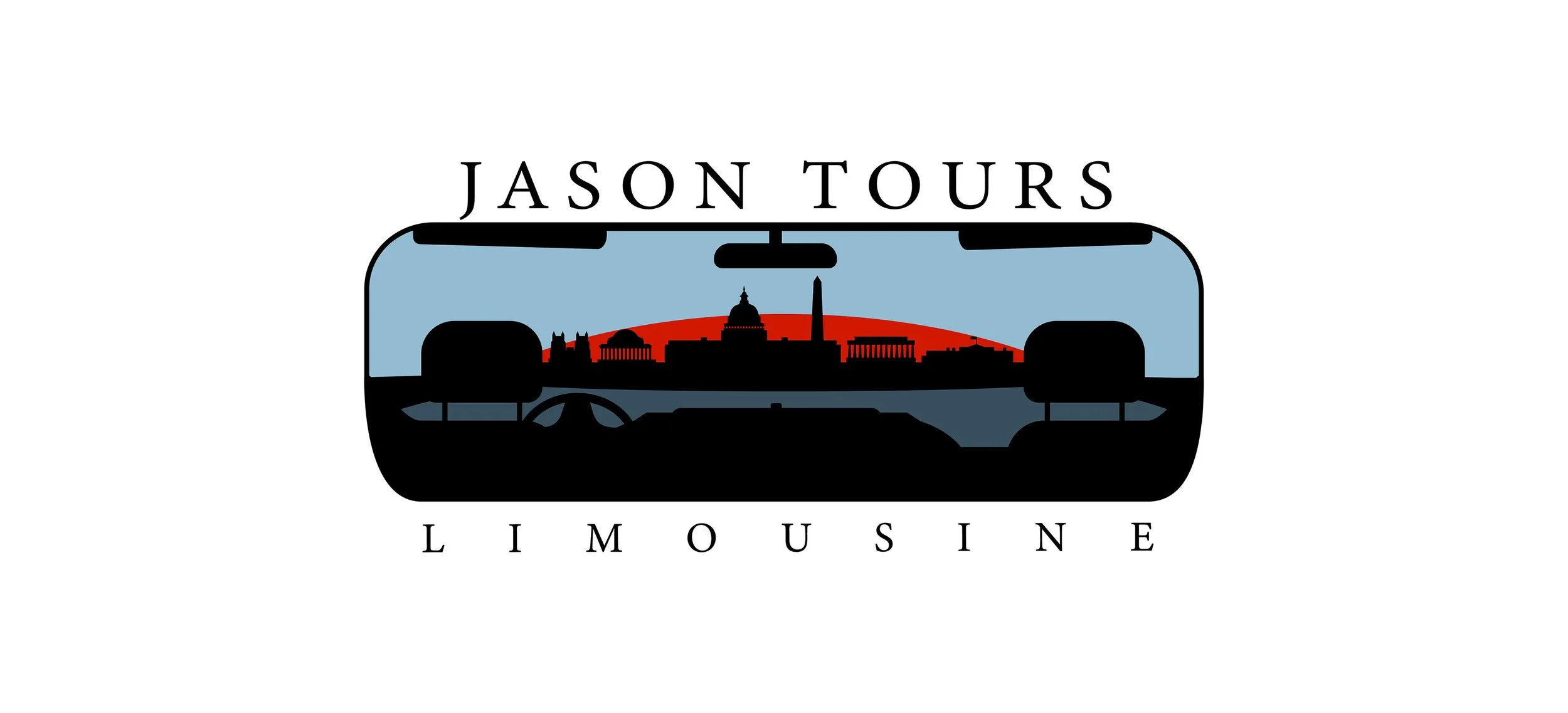 Logo for Jason Tours Limousine viewed through the front windshield of a limousine with the skyline outlined in red and black, with the business name above and below the window.