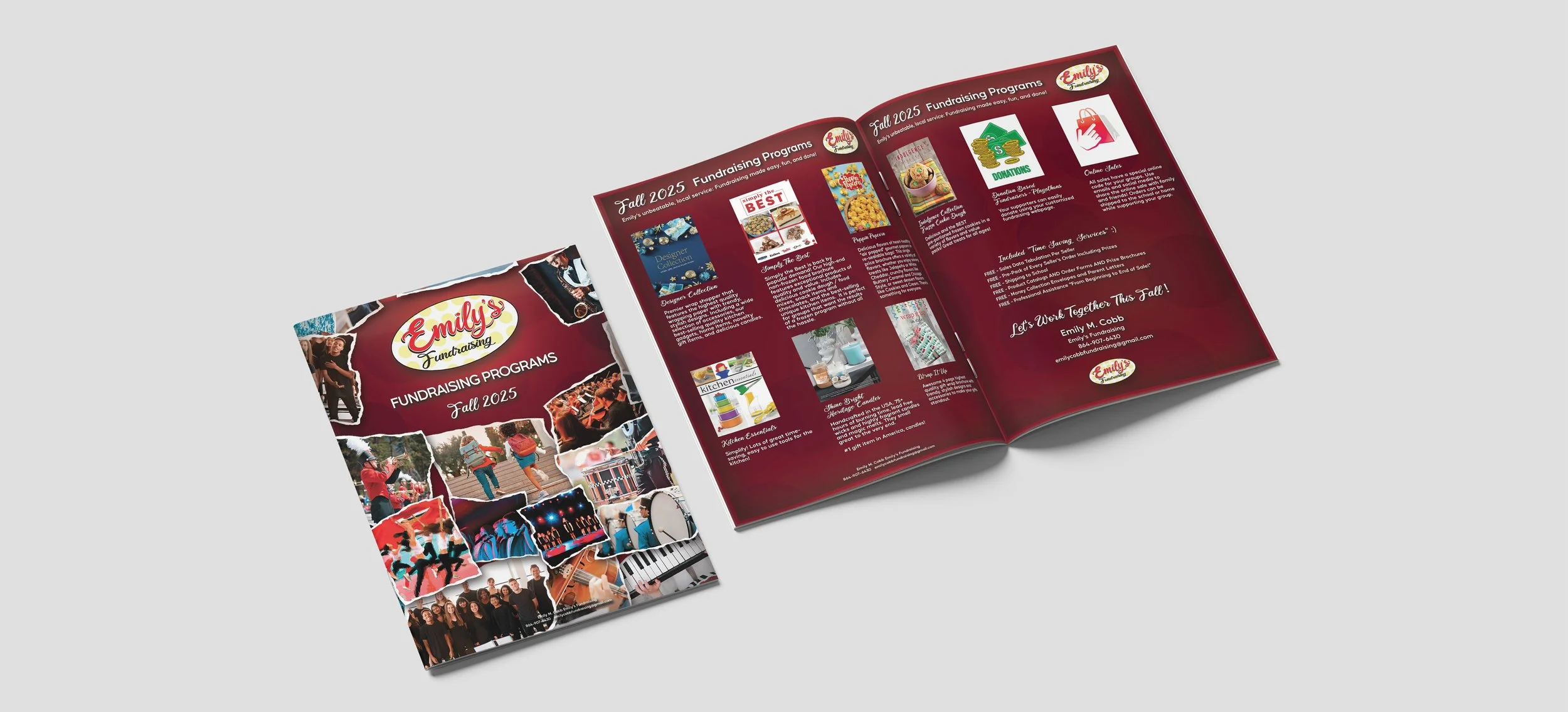 Colorful fundraising brochure titled 'Emily's Fundraising Fall 2025' with photos of people, performances, and events on the cover, and inside pages with text and images about fundraising programs and services.