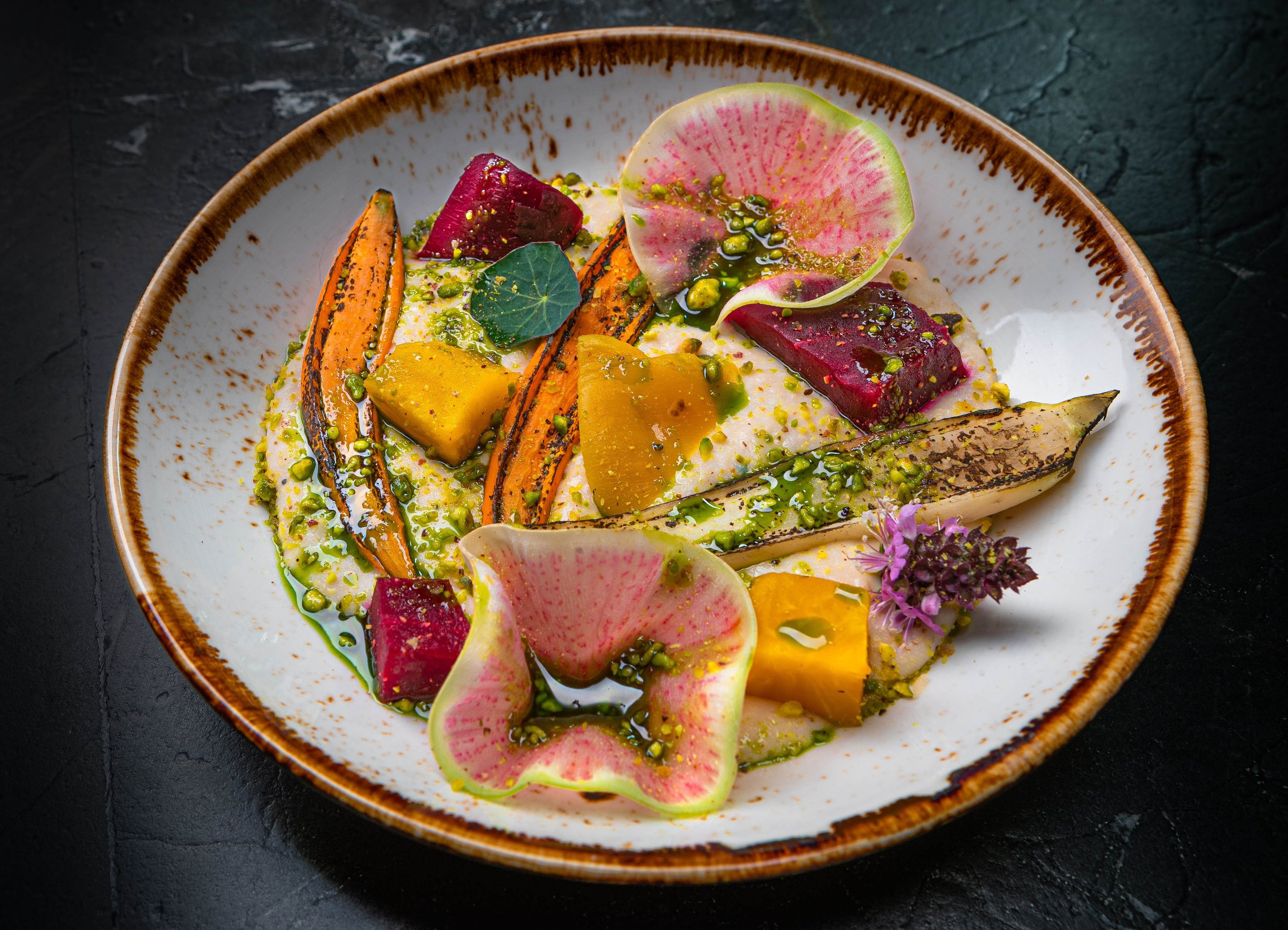 Roasted squash, radish and beet dish served at Curean Mediterranean restaurant in Greenville, SC — gourmet restaurant food photography by Weaver Media