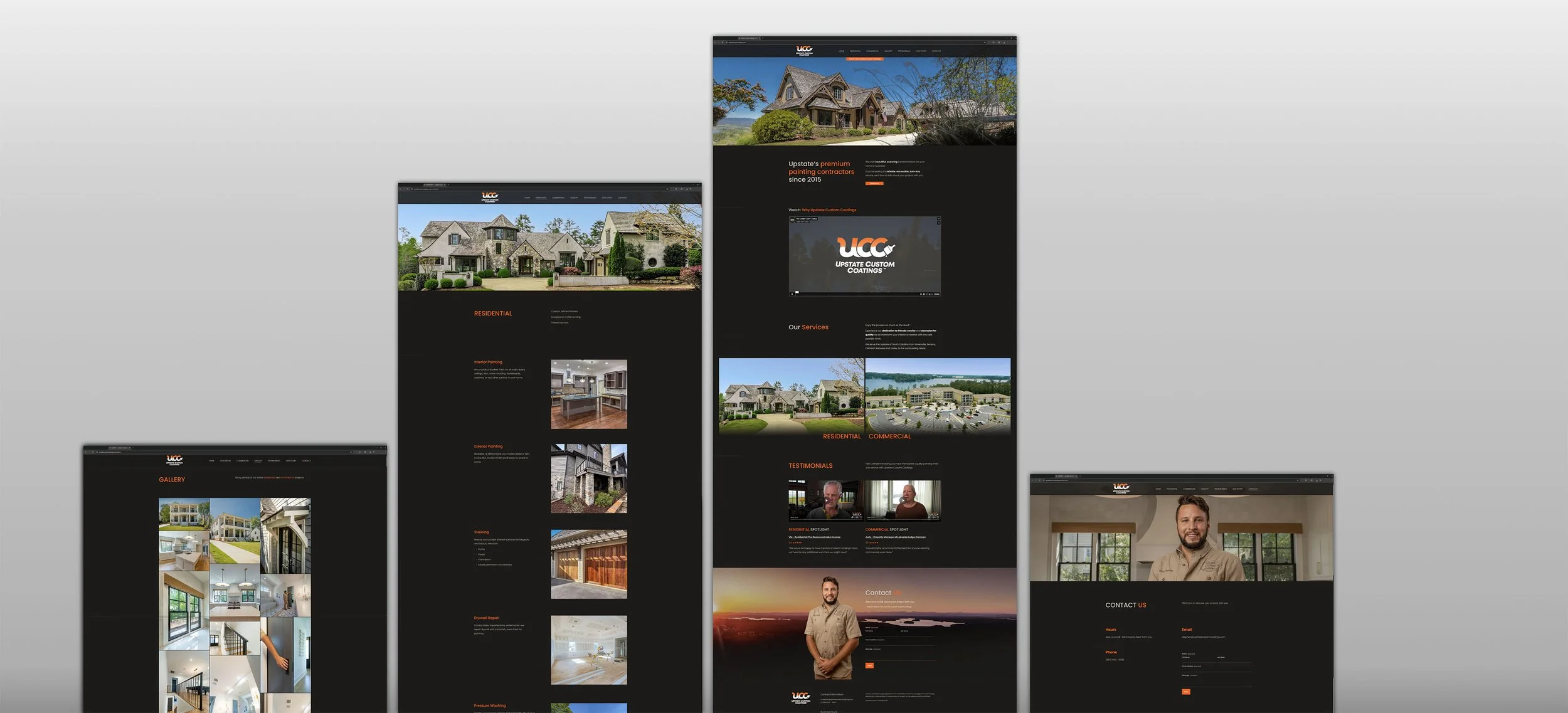 Screenshots of a website for UCC, a home renovation company. Includes pages with images of houses, interior renovation projects, a gallery of interior images, service offerings, testimonials, and contact information, all with a dark-themed background
