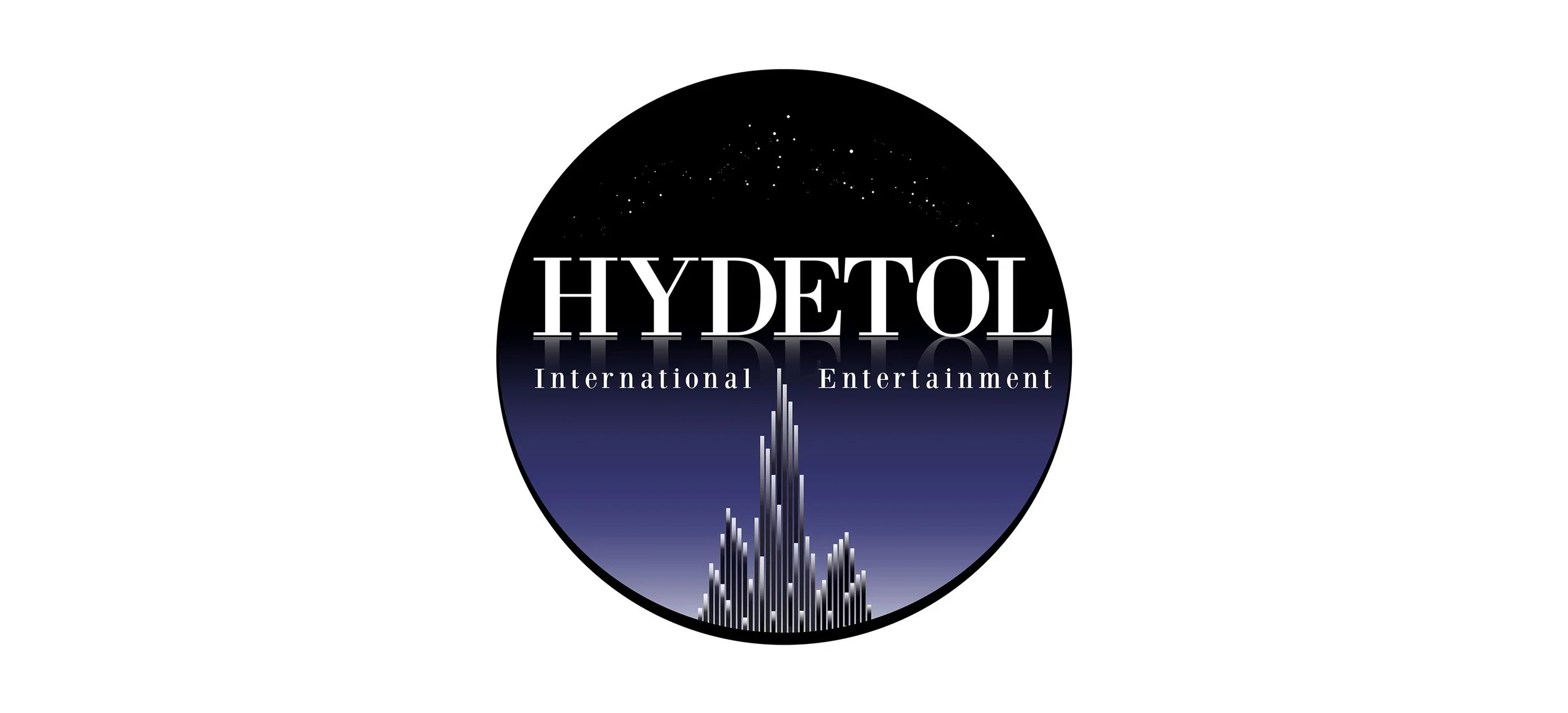 Logo for HYDETOUR International Entertainment featuring a city skyline silhouette and starry sky background.