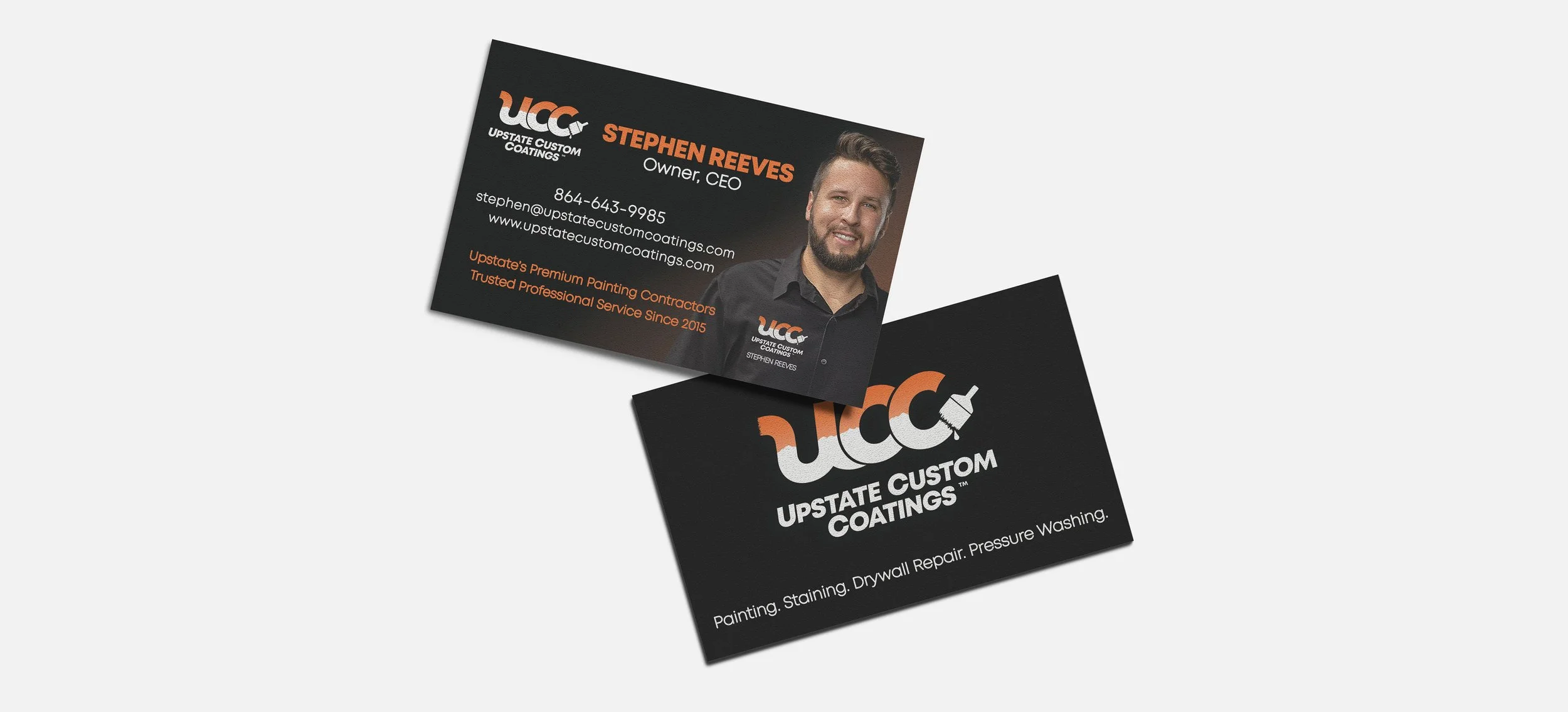 Business card for Upstate Custom Coatings featuring a photo of Stephen Reeves, CEO, with contact details and service description, set on a black background with the company's logo in orange and white.