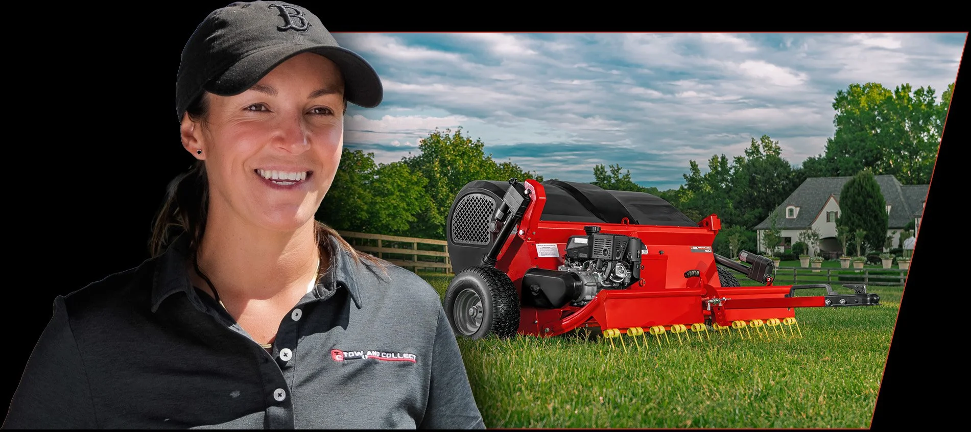 Testimonial portrait of Brigitte T with Tow and Collect machine and mansion in the background