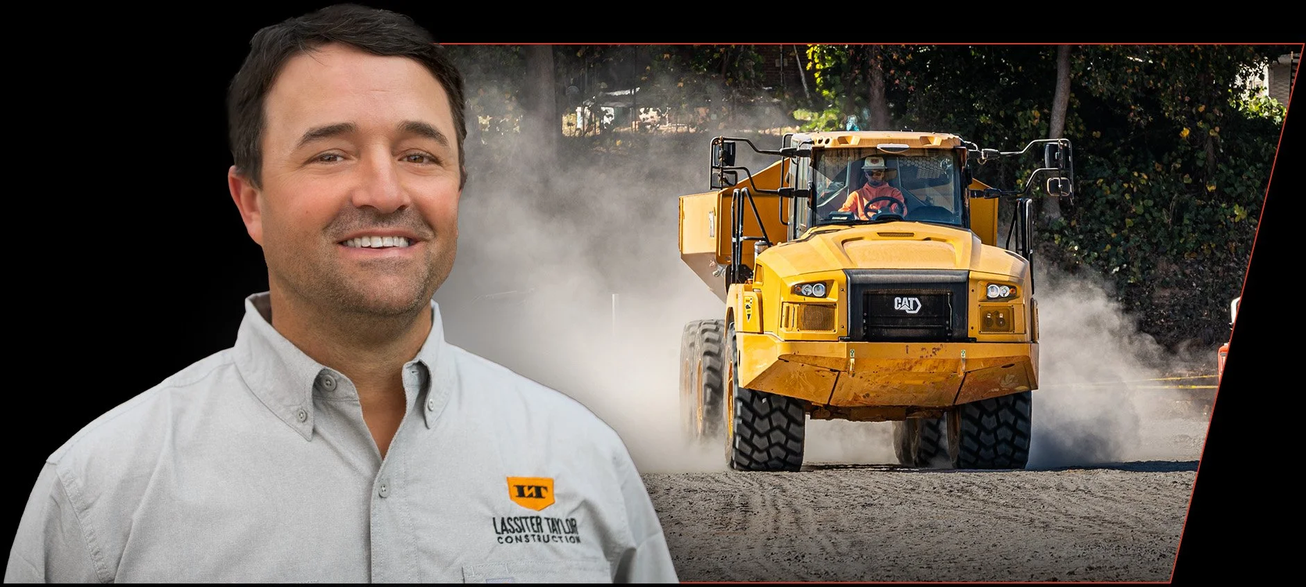 Testimonial portrait of Billy L with CAT construction vehicle on a construction site in the background