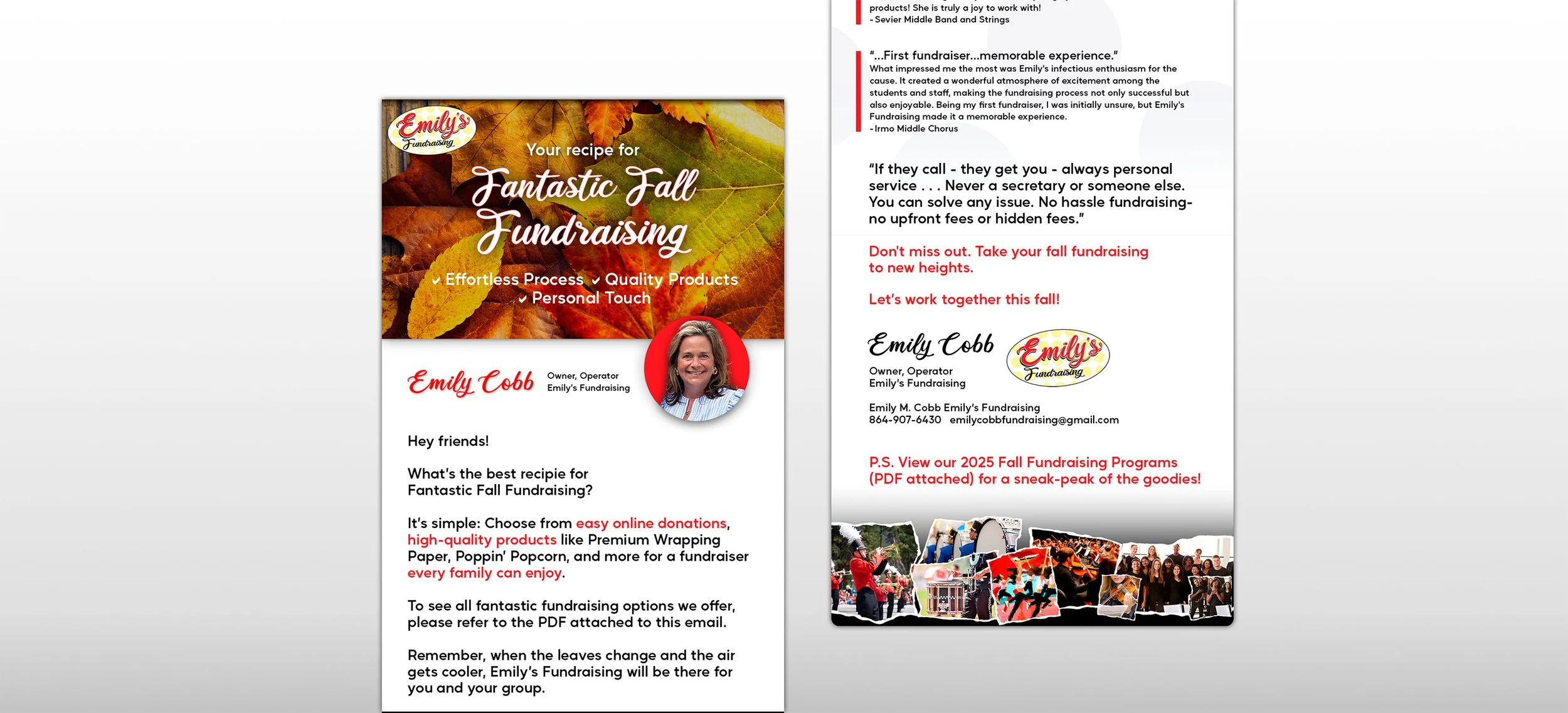 Flyer for Emily's Fundraising with fall-themed background featuring leaves, includes photo of Emily Cobb, and text about fall fundraising tips, success stories, and contact information.