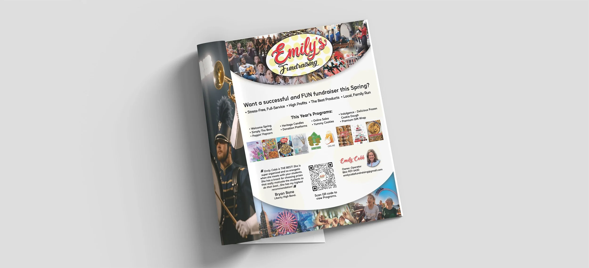 Flyer promoting Emily's Fundraising event with images of a marching band member, carnival rides, and children, and text detailing programs and contact information.