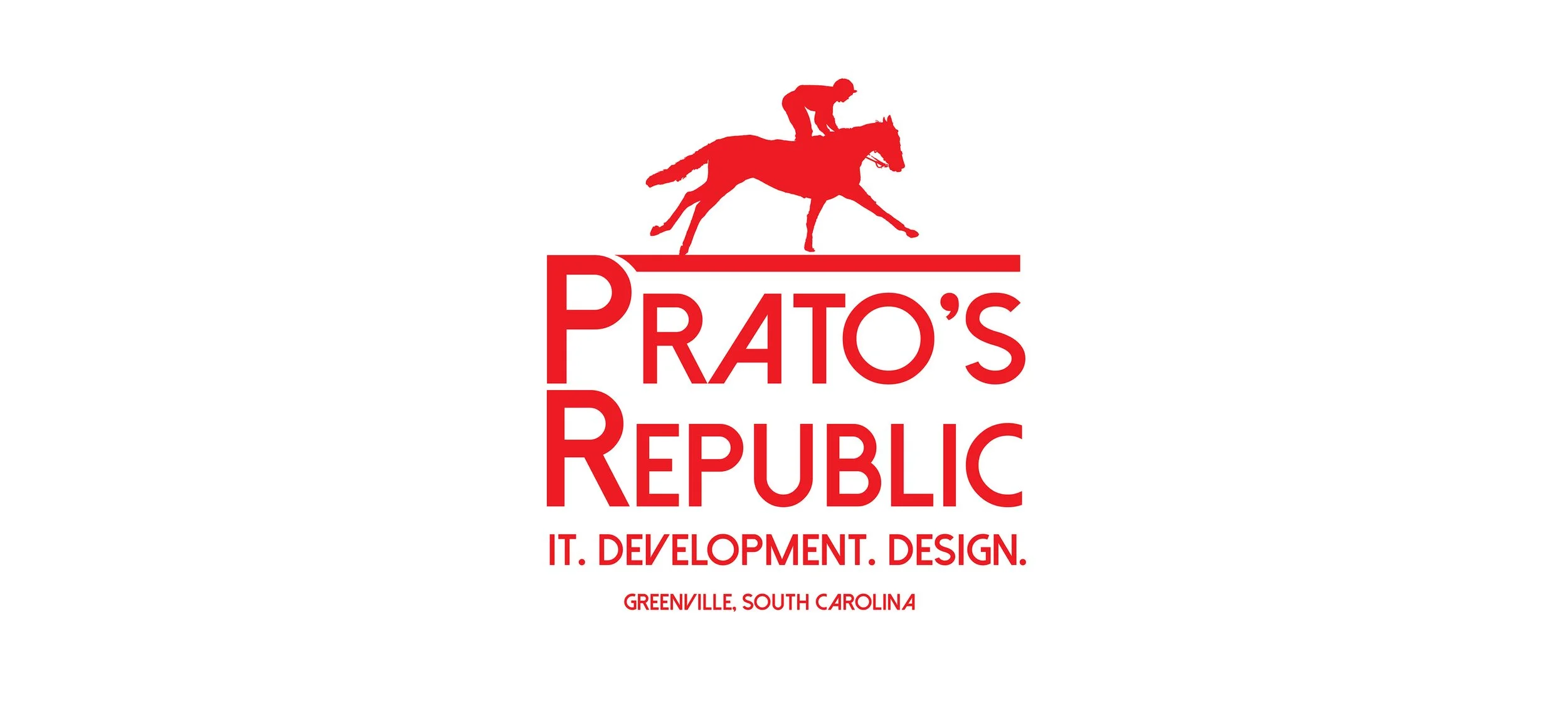 Red logo of a horse and rider above the text "Prato's Republic. IT. Development. Design. Greenville, South Carolina."