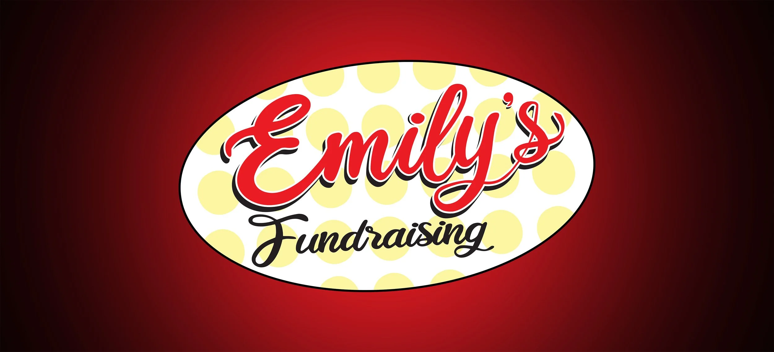 Logo for Emily's Fundraising with red and black script text on a yellow polka dot background within an oval shape, set against a red gradient background.