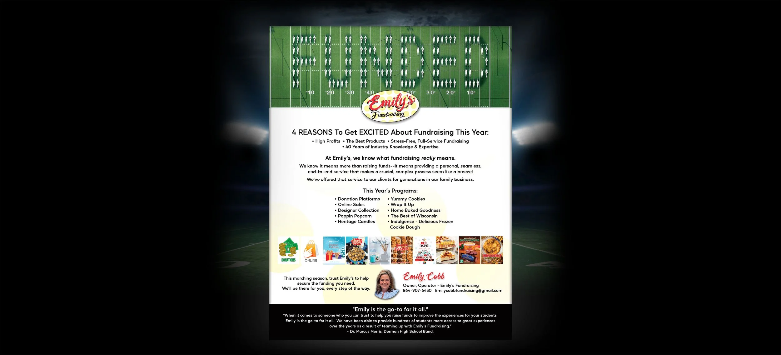 Flyer for Emily's Fundraising with a football field at the top, featuring yard lines and goal posts, and a logo with the name Emily. Below the football image, there is text about reasons to get excited for fundraising, programs offered, and contact i