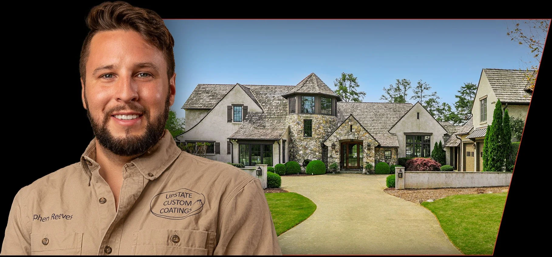 Testimonial portrait of Stephen R in front of large luxury home on a sunny day